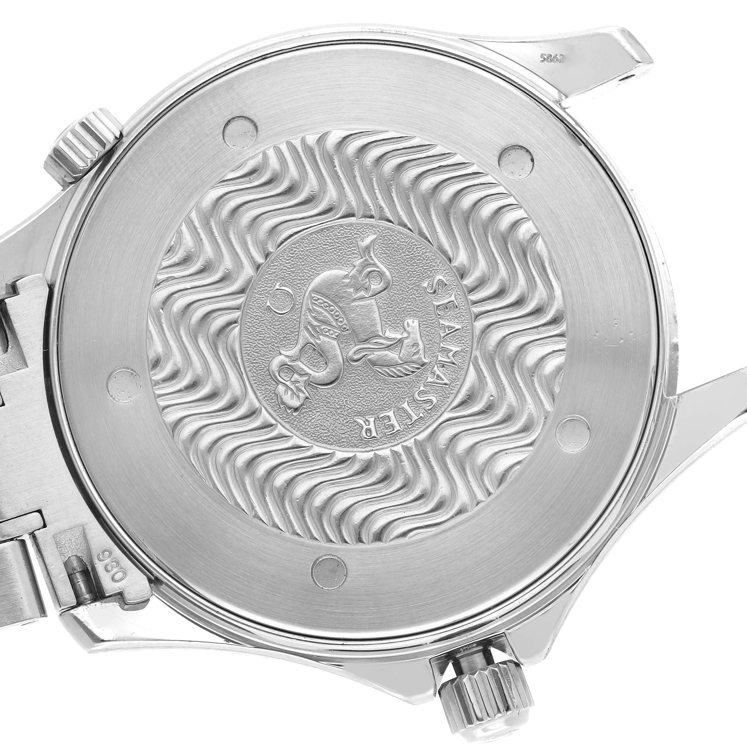 The image shows the case back of an Omega Seamaster 2264.50.00 Men
s Stainless Steel Black Dial 2264.50.00 Men
s Stainless Steel Black Dial, featuring its embossed design and crown from a rear angle.