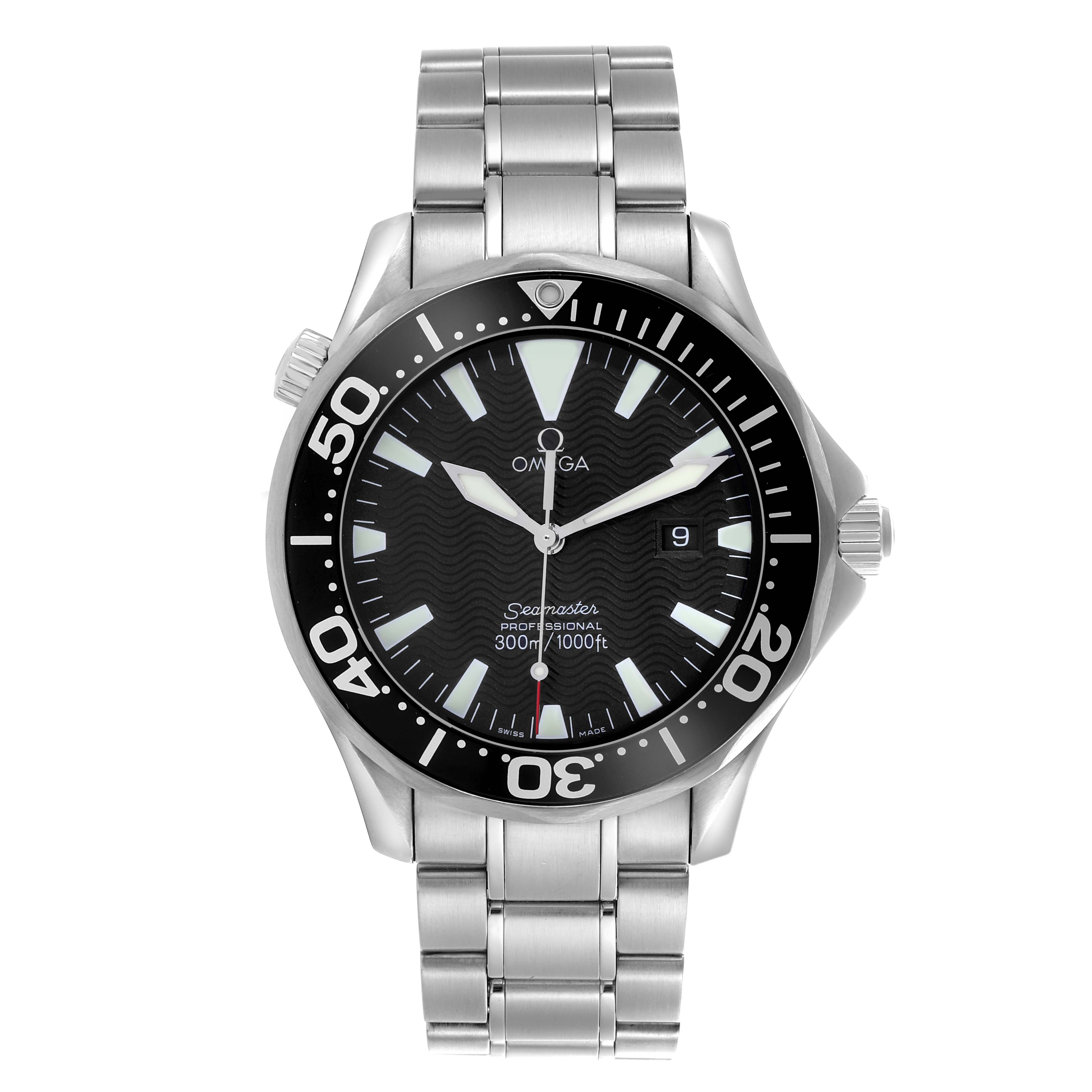 The Omega Seamaster 2264.50.00 Men
s Stainless Steel Black Dial 2264.50.00 Men
s Stainless Steel Black Dial watch is shown from a top view, displaying the dial, bezel, and bracelet.