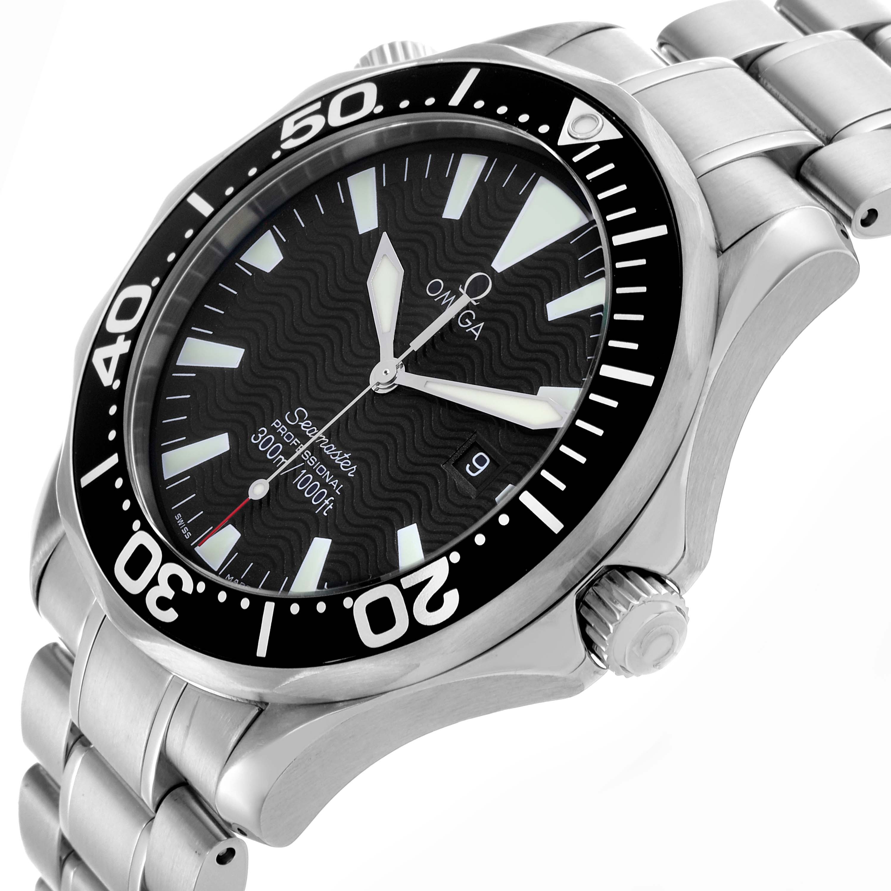 The Omega Seamaster 2264.50.00 Men
s Stainless Steel Black Dial 2264.50.00 Men
s Stainless Steel Black Dial watch is shown at a three-quarter angle, highlighting the bezel, dial, and bracelet.