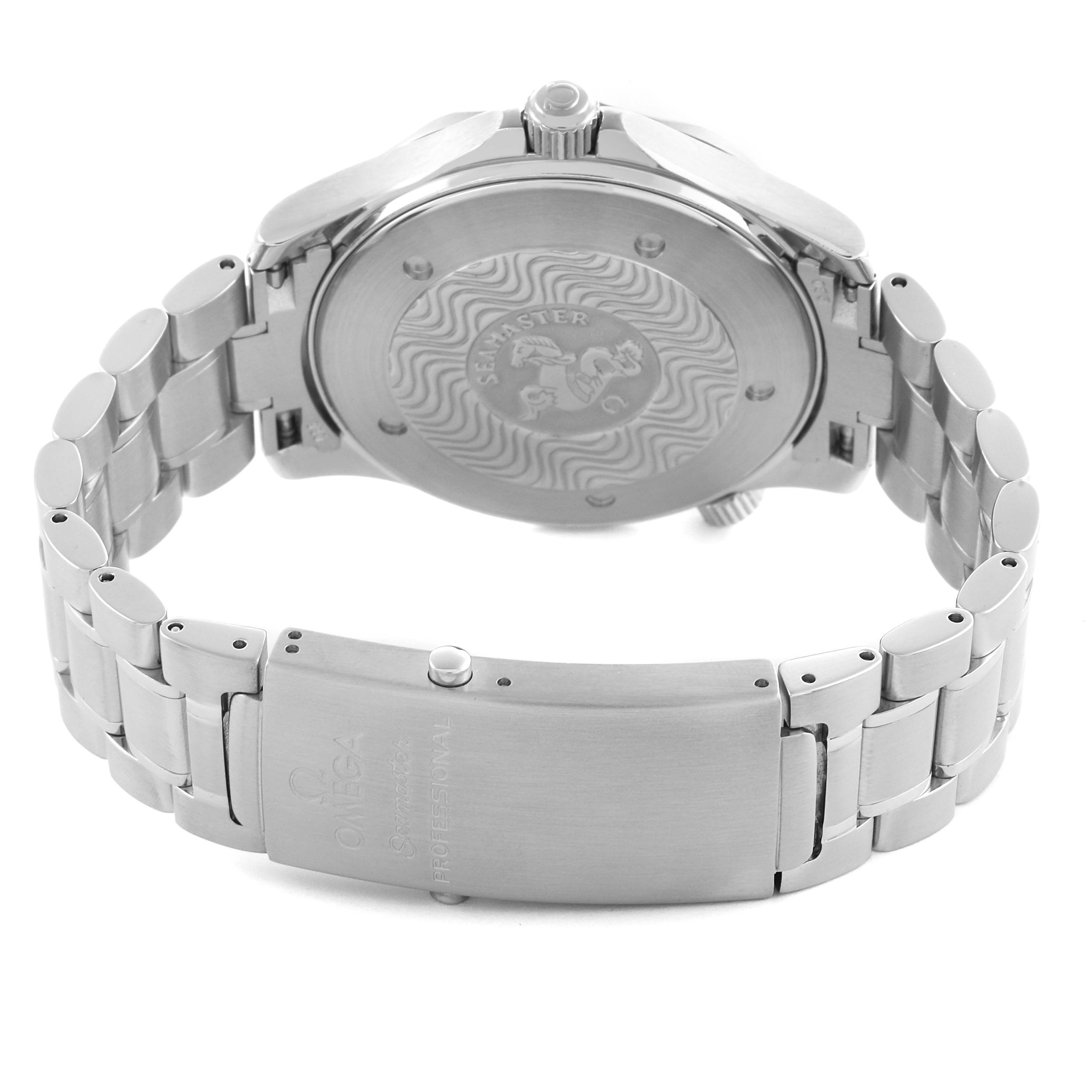 The Omega Seamaster 2264.50.00 Men
s Stainless Steel Black Dial 2264.50.00 Men
s Stainless Steel Black Dial watch is shown from the back, highlighting the case back, bracelet, and clasp.