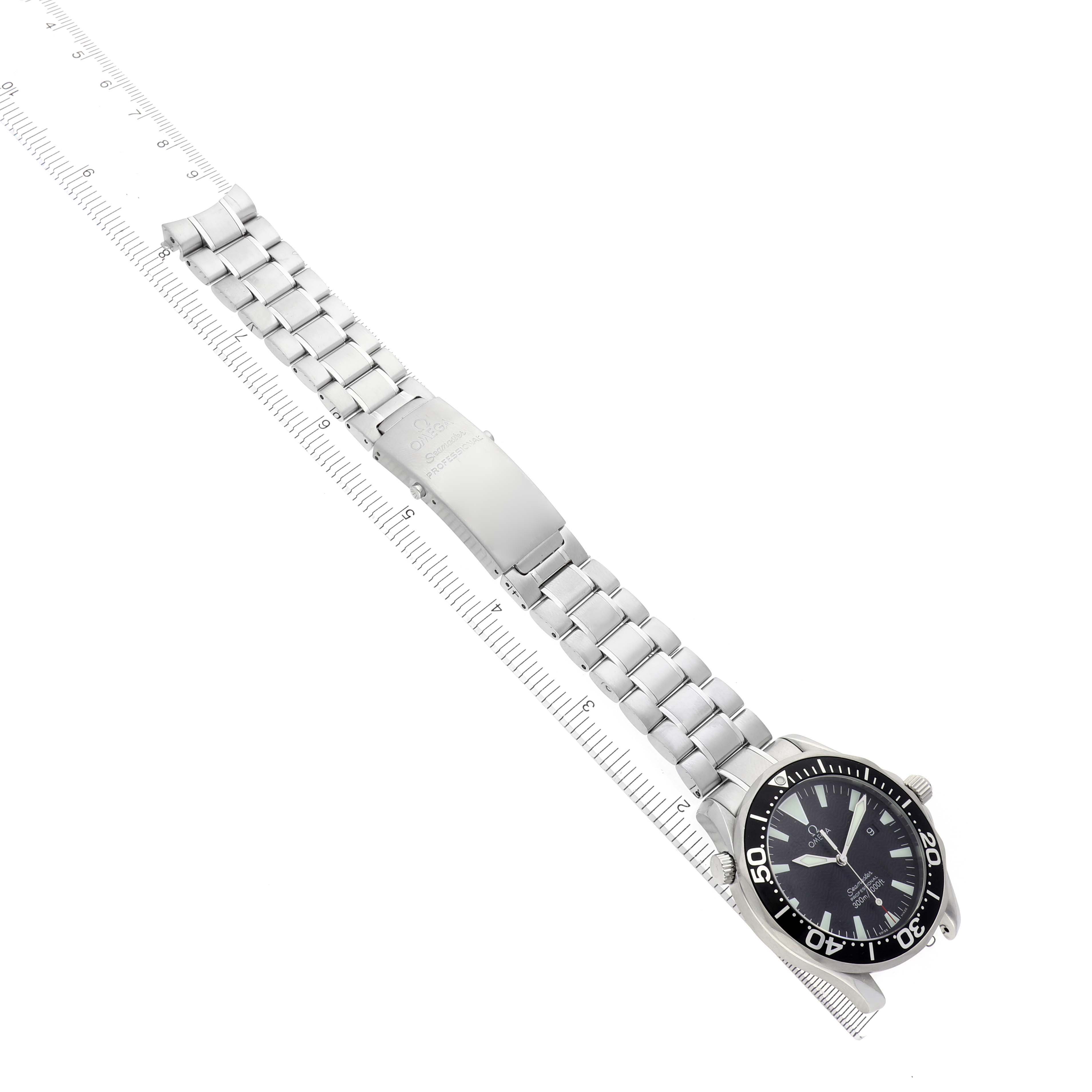 The Omega Seamaster 2264.50.00 Men
s Stainless Steel Black Dial 2264.50.00 Men
s Stainless Steel Black Dial watch is shown at a diagonal angle, displaying the face, bezel, and full metal bracelet with clasp.