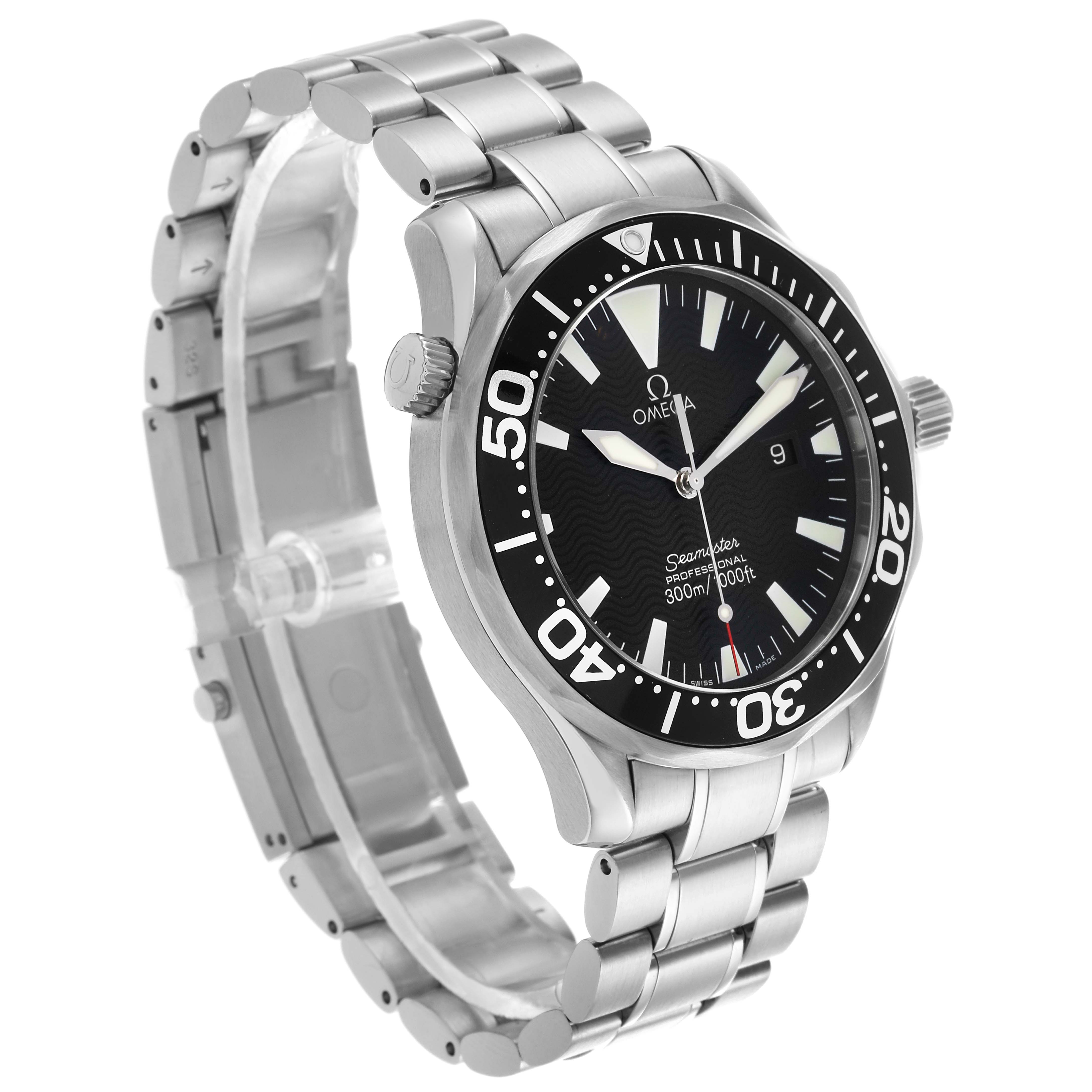 The image shows an angled side view of an Omega Seamaster 2264.50.00 Men
s Stainless Steel Black Dial 2264.50.00 Men
s Stainless Steel Black Dial watch, displaying the face, bezel, crown, and stainless steel bracelet.