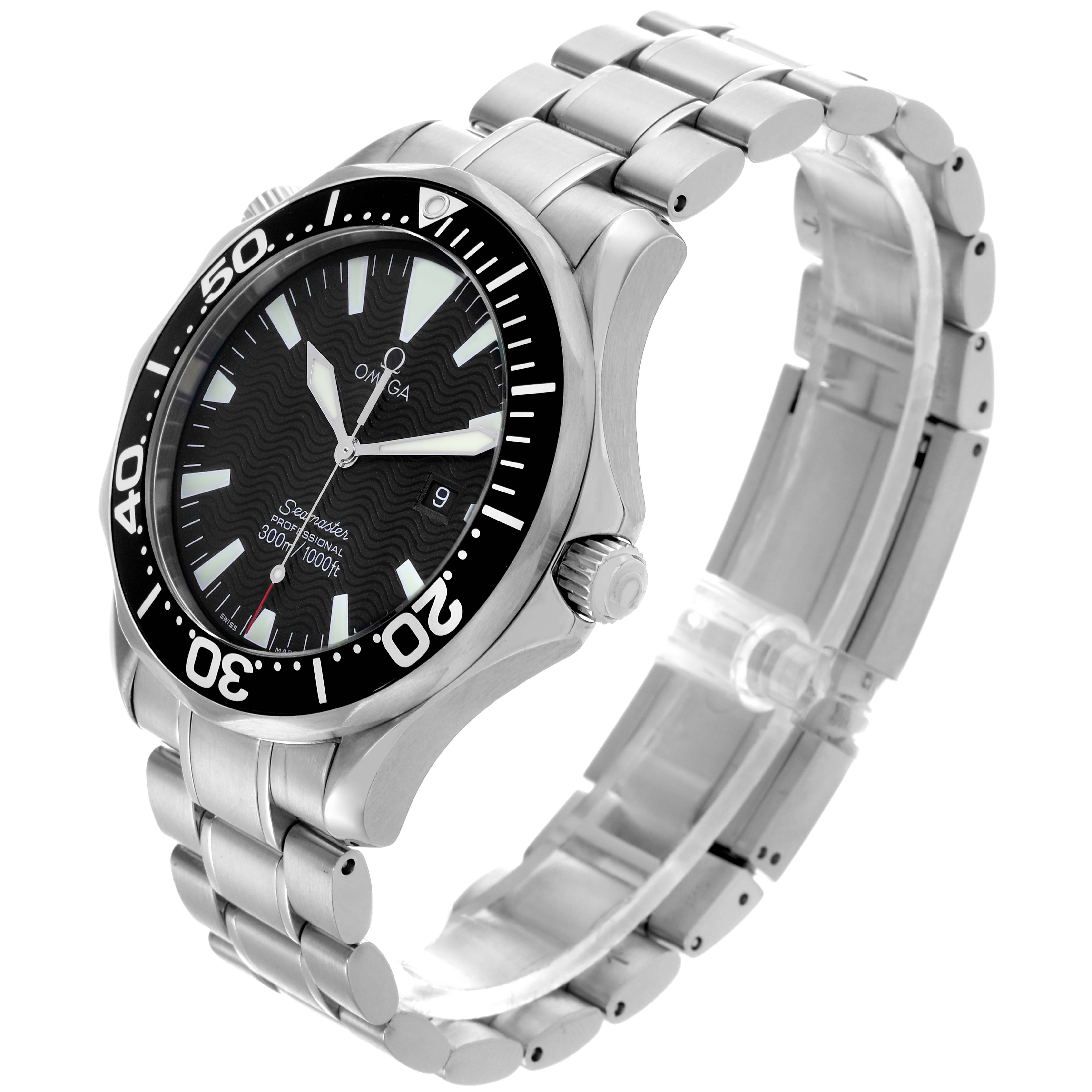 The Omega Seamaster 2264.50.00 Men
s Stainless Steel Black Dial 2264.50.00 Men
s Stainless Steel Black Dial watch is shown at a three-quarter angle, highlighting its bezel, dial, crown, and metal bracelet.