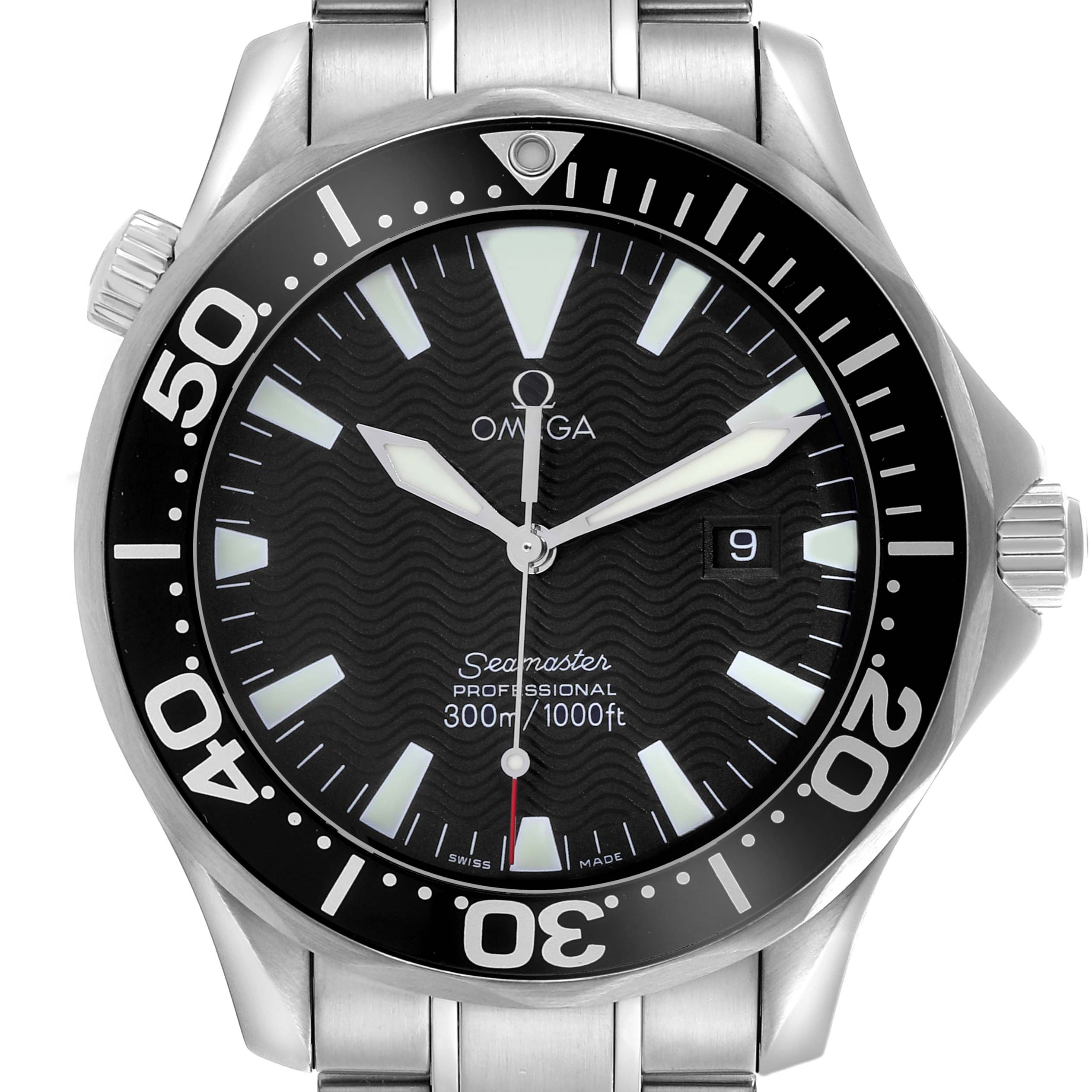 The Omega Seamaster 2264.50.00 Men
s Stainless Steel Black Dial 2264.50.00 Men
s Stainless Steel Black Dial watch is shown from the front, displaying the face, bezel, crown, and part of the bracelet.