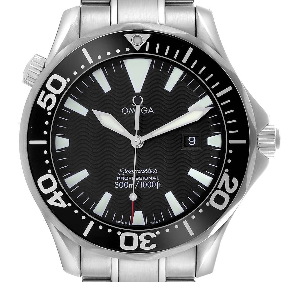 The Omega Seamaster watch is shown from the front, displaying the face, bezel, crown, and part of the bracelet.