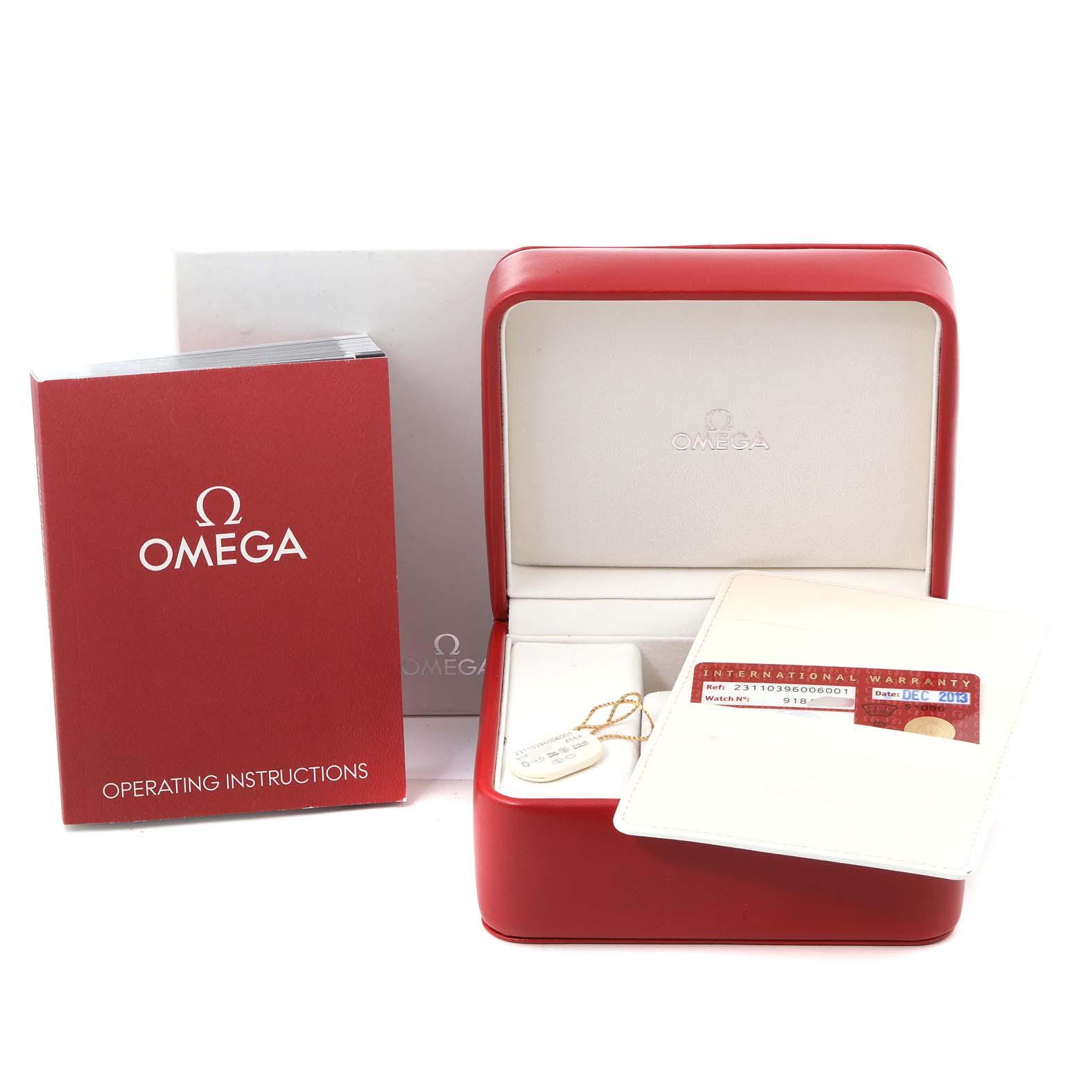 The image shows an Omega Aqua Terra 231.10.39.60.06.001 Men
s Stainless Steel Grey Dial 231.10.39.60.06.001 Men
s Stainless Steel Grey Dial watch box, warranty card, and operating instructions from a front angle.