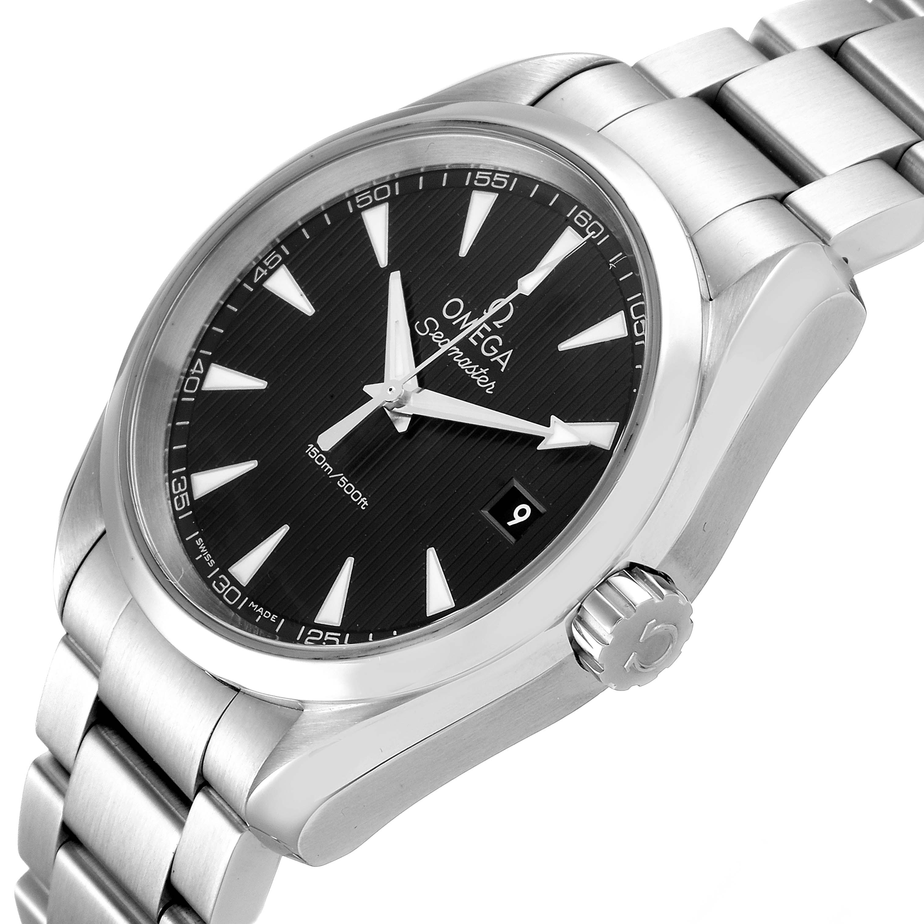 The Omega Aqua Terra 231.10.39.60.06.001 Men
s Stainless Steel Grey Dial 231.10.39.60.06.001 Men
s Stainless Steel Grey Dial watch is shown at an angled side view highlighting the black dial, hands, crown, and metal bracelet.