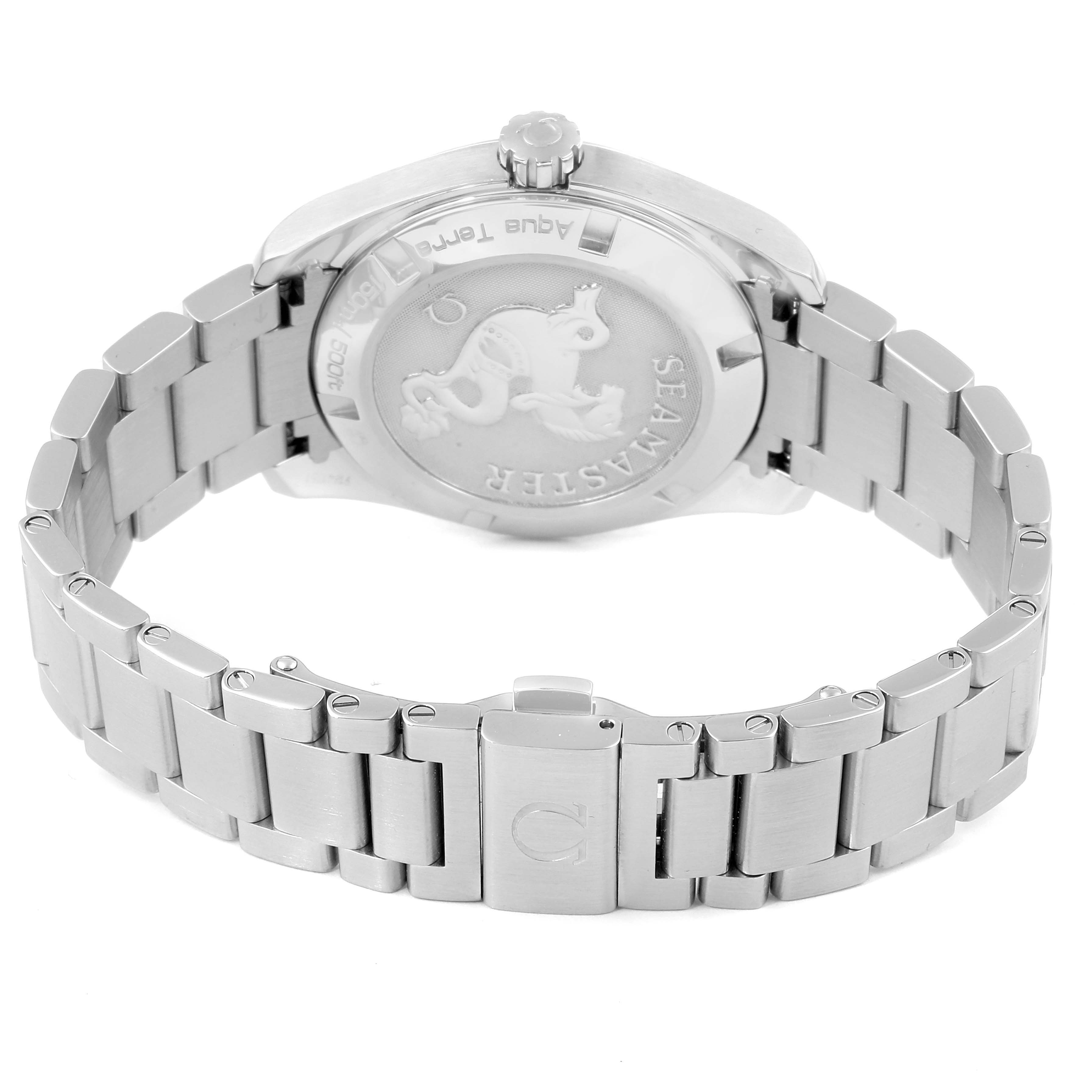 The image shows the back view of an Omega Aqua Terra 231.10.39.60.06.001 Men
s Stainless Steel Grey Dial 231.10.39.60.06.001 Men
s Stainless Steel Grey Dial watch, highlighting its case back and metal bracelet.