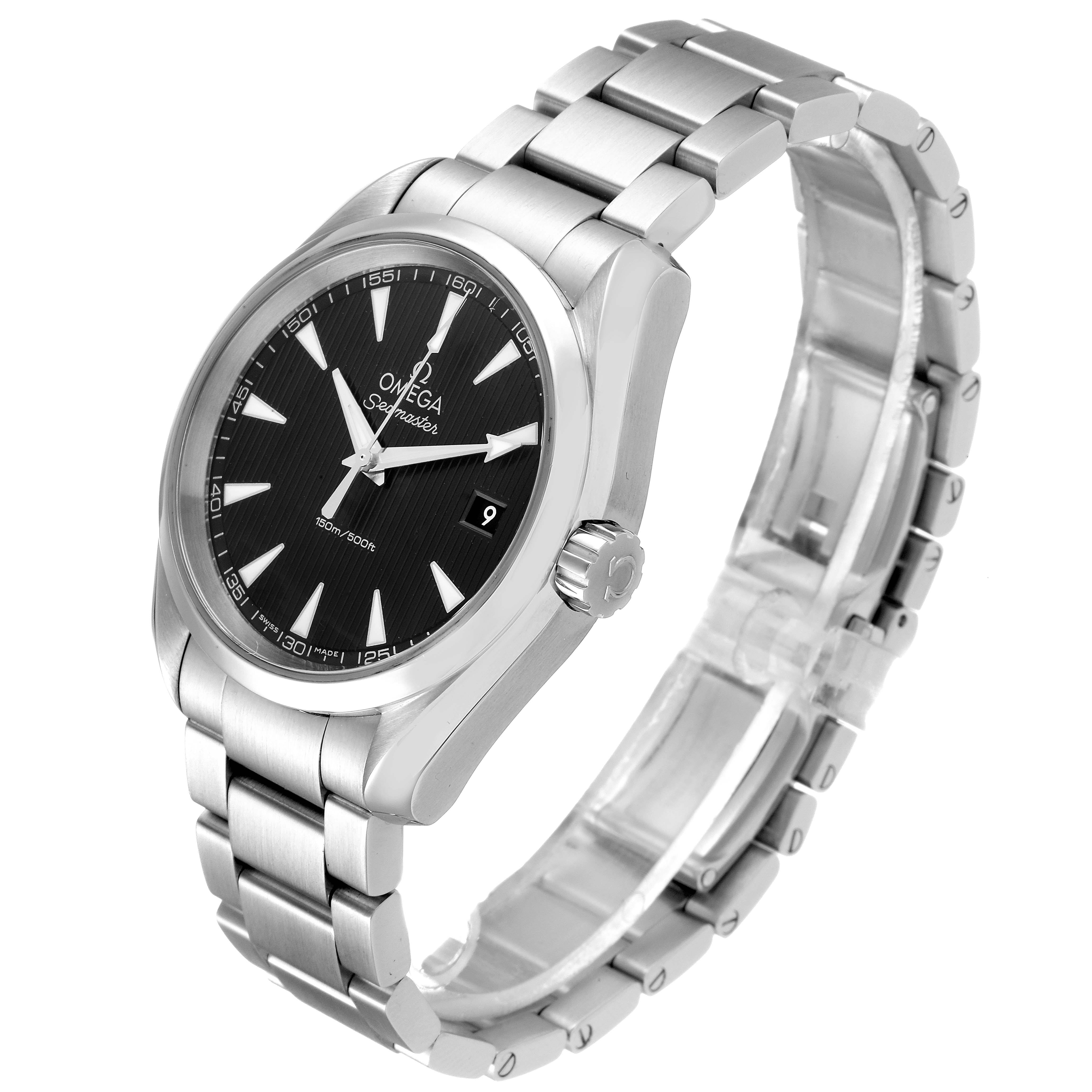 The Omega Aqua Terra 231.10.39.60.06.001 Men
s Stainless Steel Grey Dial 231.10.39.60.06.001 Men
s Stainless Steel Grey Dial watch is shown at an angle displaying its black dial, date window, and metal bracelet.