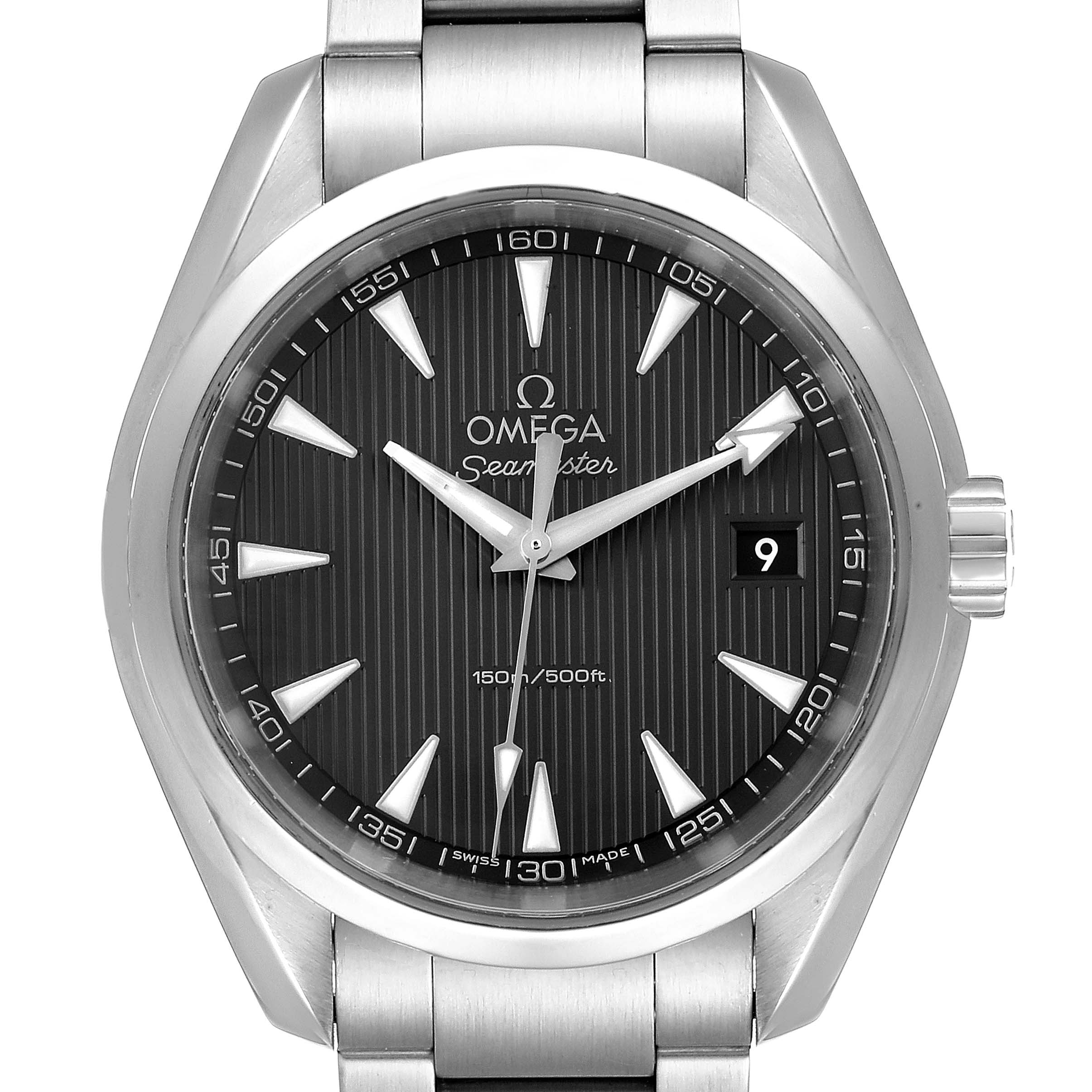 This image shows a front view of the Omega Aqua Terra 231.10.39.60.06.001 Men
s Stainless Steel Grey Dial 231.10.39.60.06.001 Men
s Stainless Steel Grey Dial model watch, displaying the dial, markers, hands, and date window.