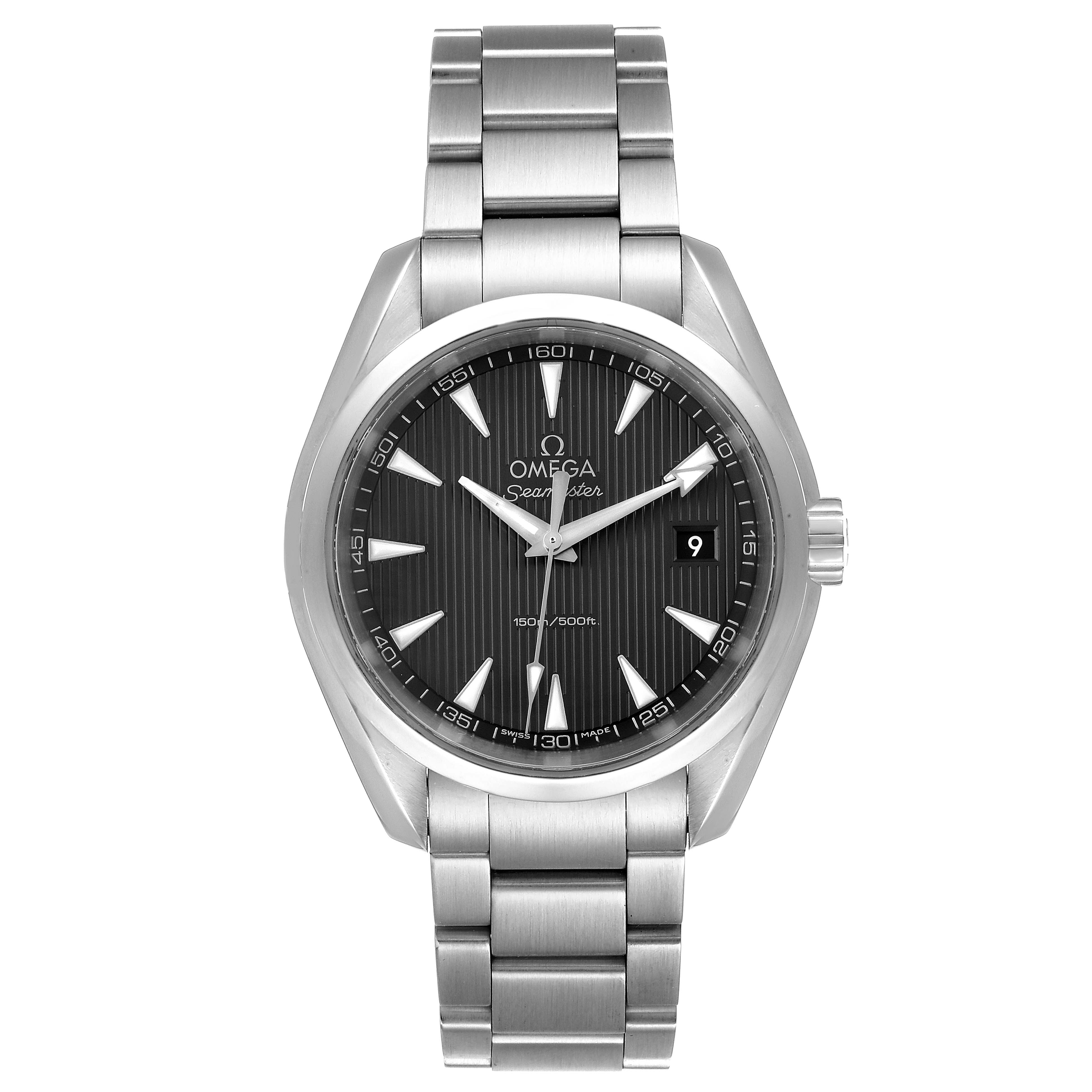 The Omega Aqua Terra 231.10.39.60.06.001 Men
s Stainless Steel Grey Dial 231.10.39.60.06.001 Men
s Stainless Steel Grey Dial watch is shown from a direct front angle, highlighting the face, bezel, and stainless steel bracelet.
