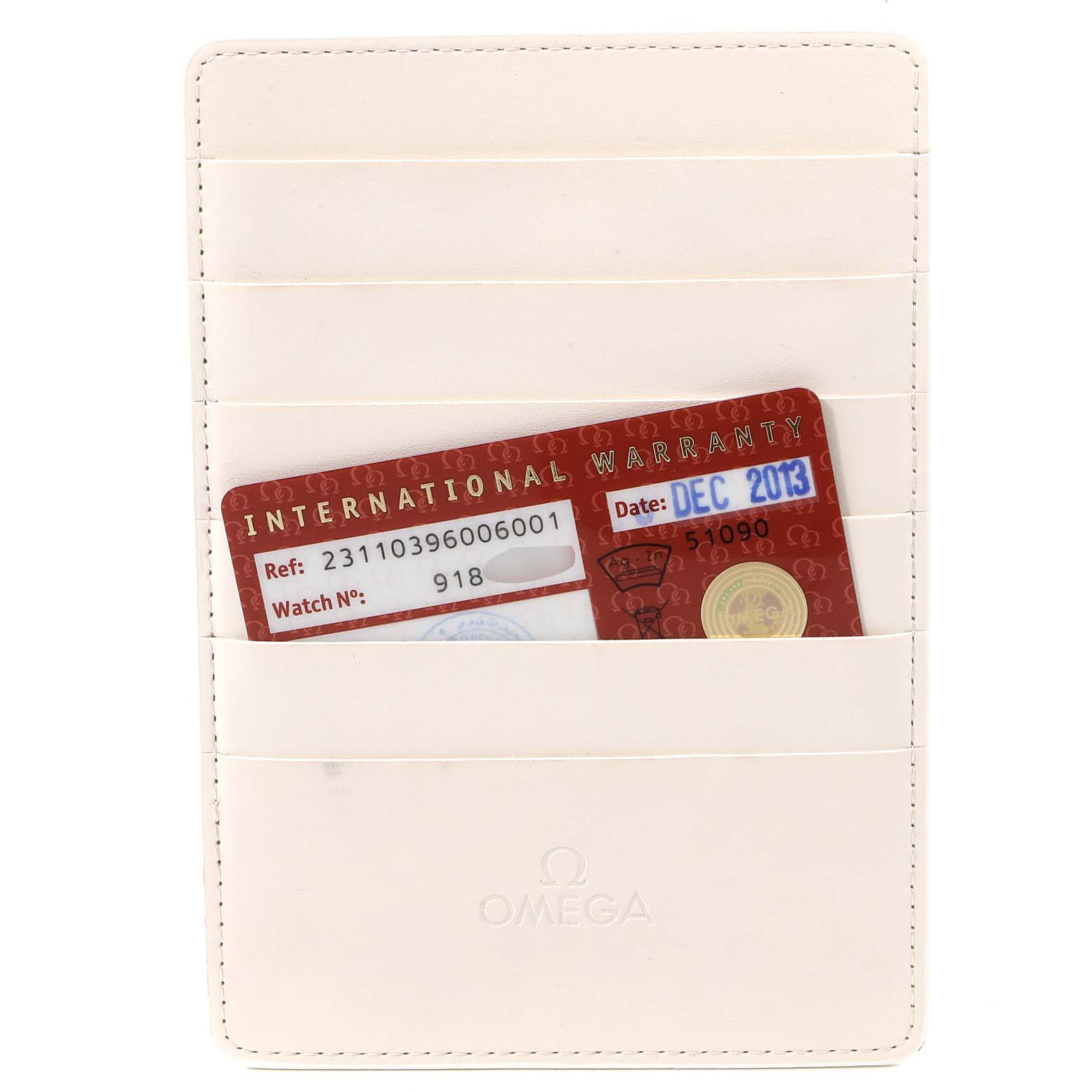 This image shows the international warranty card for an Omega Aqua Terra 231.10.39.60.06.001 Men
s Stainless Steel Grey Dial 231.10.39.60.06.001 Men
s Stainless Steel Grey Dial watch, partially inserted in a white Omega cardholder.