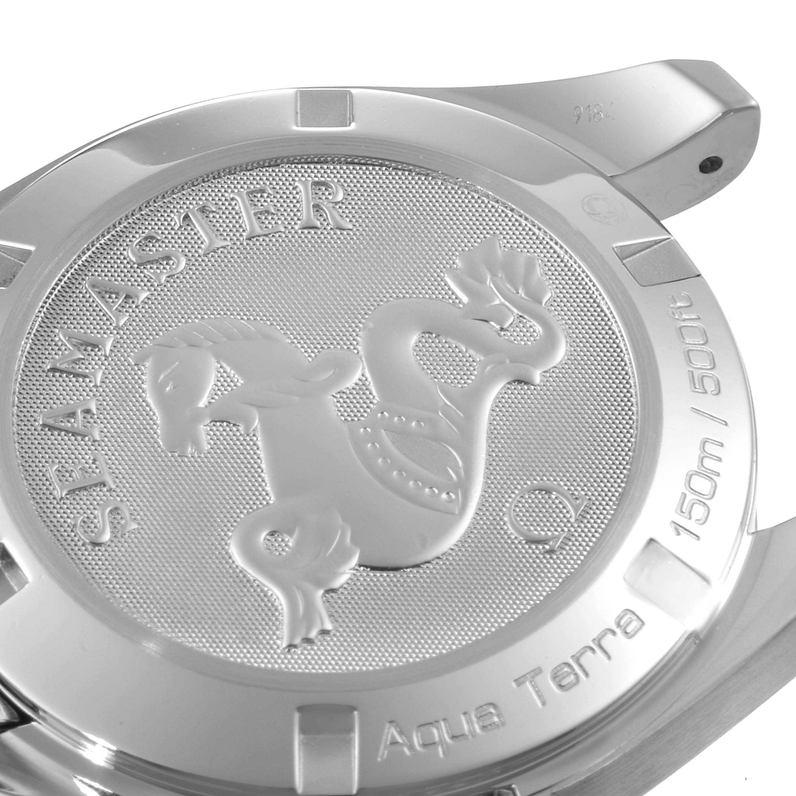 The image shows the back case of the Omega Aqua Terra 231.10.39.60.06.001 Men
s Stainless Steel Grey Dial 231.10.39.60.06.001 Men
s Stainless Steel Grey Dial watch at a close-up angle, highlighting the "Seamaster" engraving and logo.