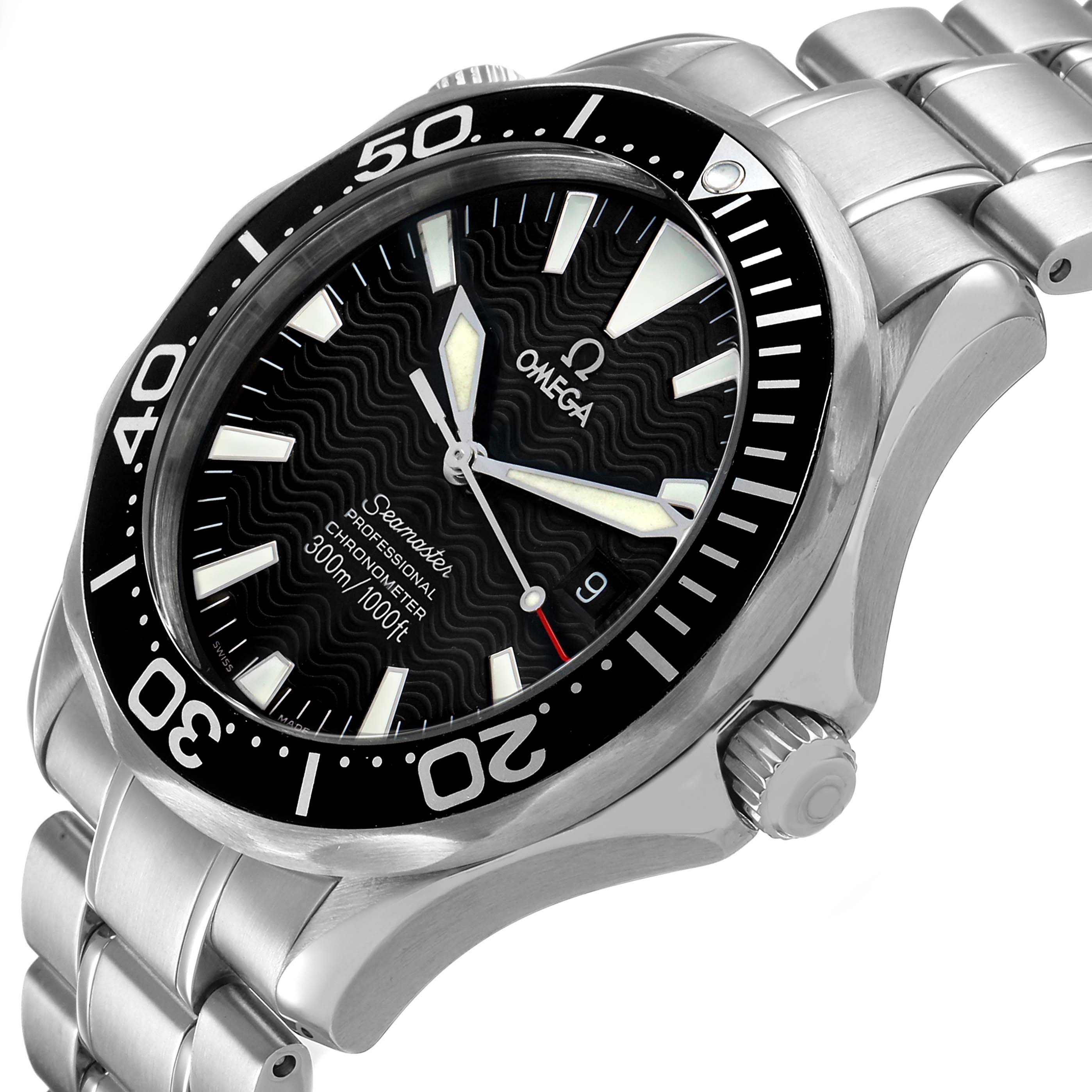 The Omega Seamaster 2254.50.00 Men's Stainless Steel Black Dial watch is shown at an angled view, displaying the dial, bezel, bracelet, and crown.