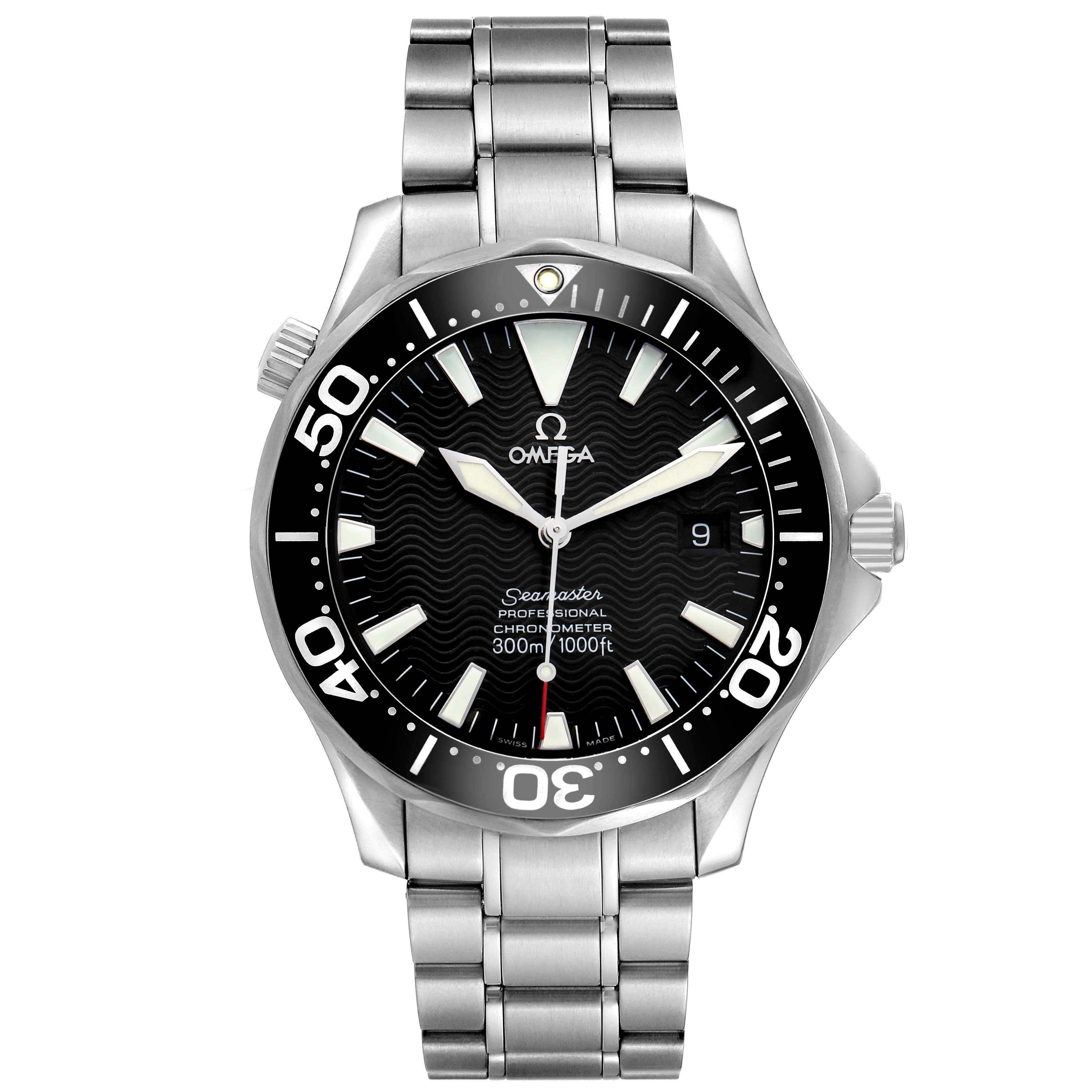 The Omega Seamaster 2254.50.00 Men's Stainless Steel Black Dial watch is shown from a front angle, highlighting its dial, bezel, and metal bracelet.