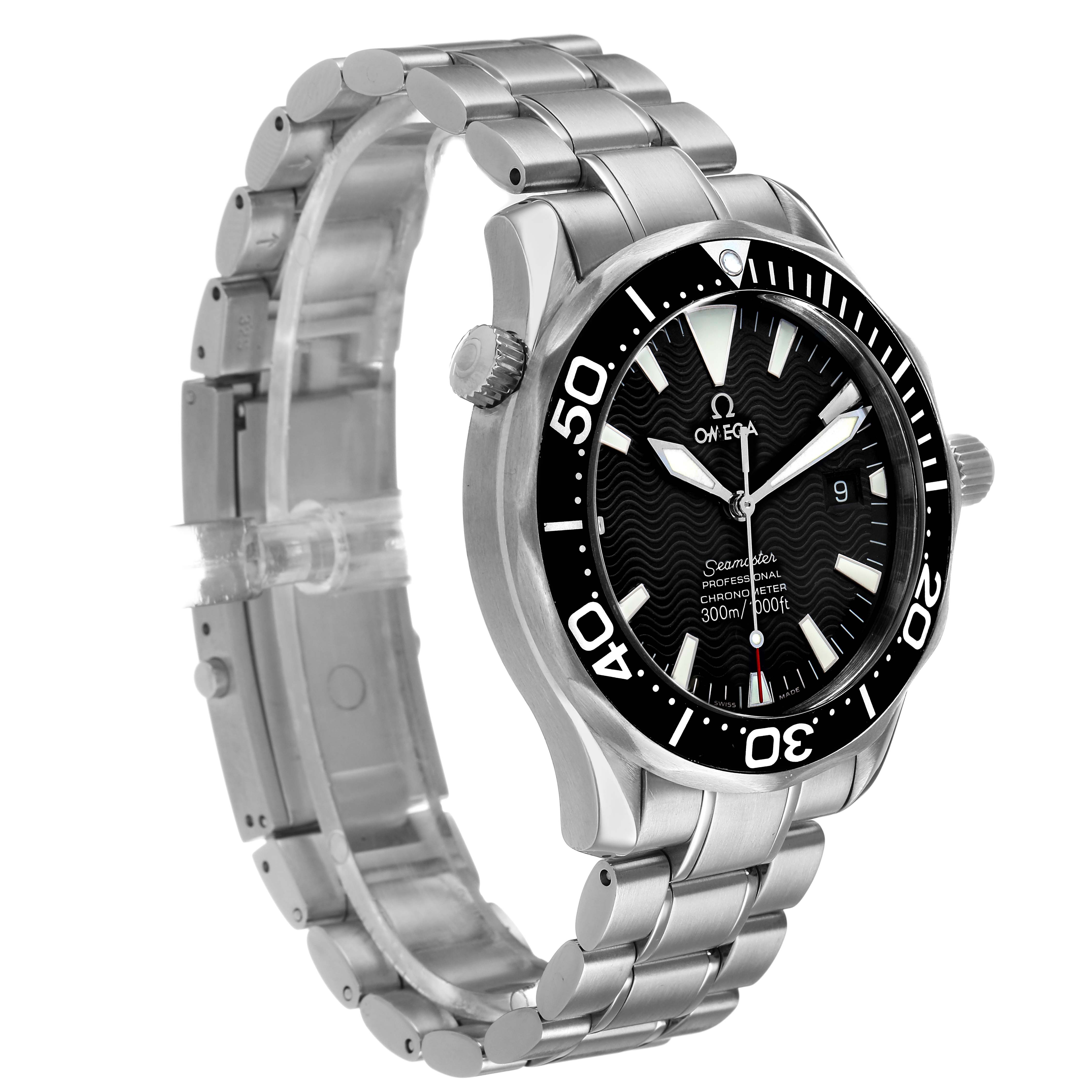 The image shows an Omega Seamaster 2254.50.00 Men's Stainless Steel Black Dial watch from a diagonal side angle, featuring the face, bezel, crown, and bracelet links.