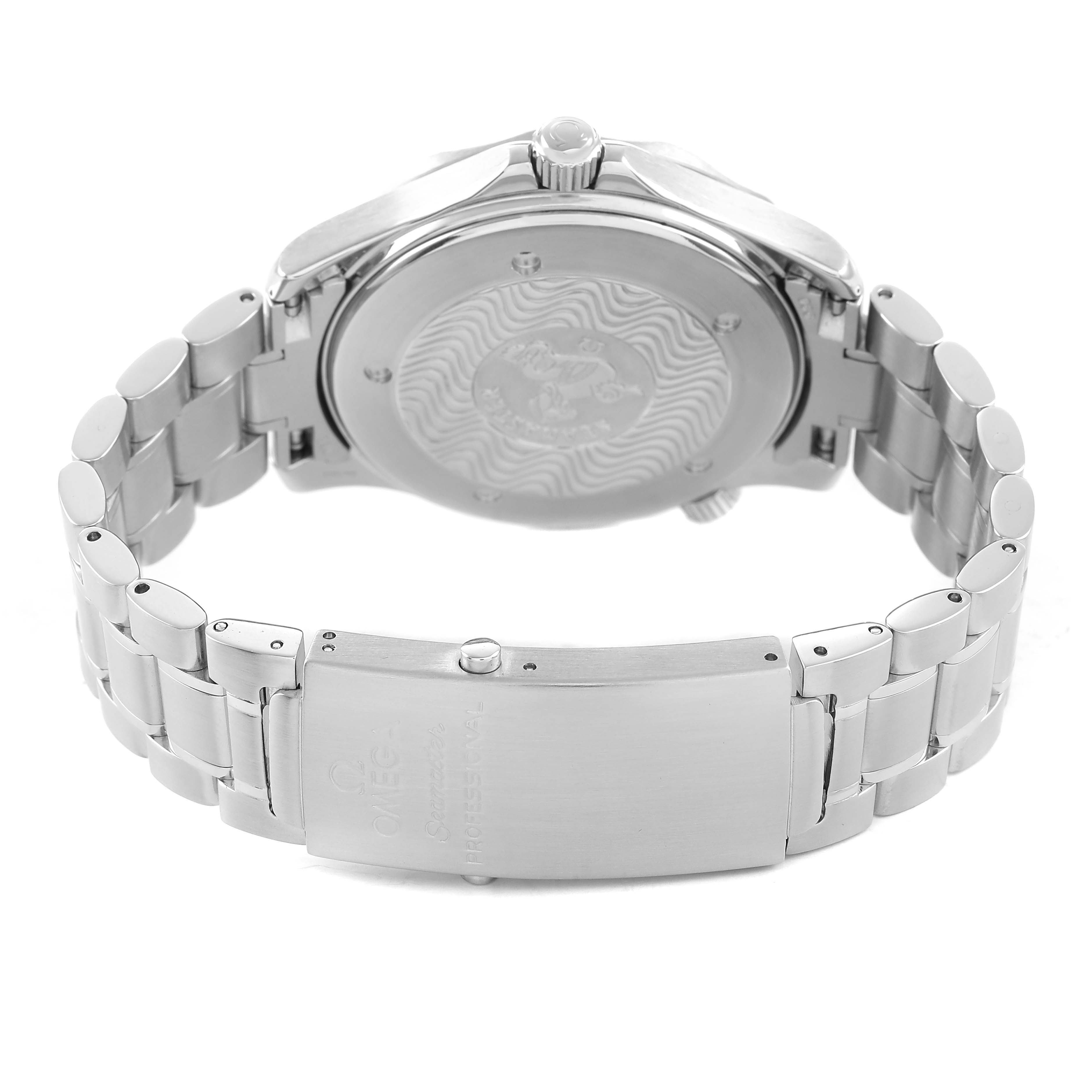 The Omega Seamaster 2254.50.00 Men's Stainless Steel Black Dial watch is shown from the back, highlighting the case back, bracelet, and clasp.