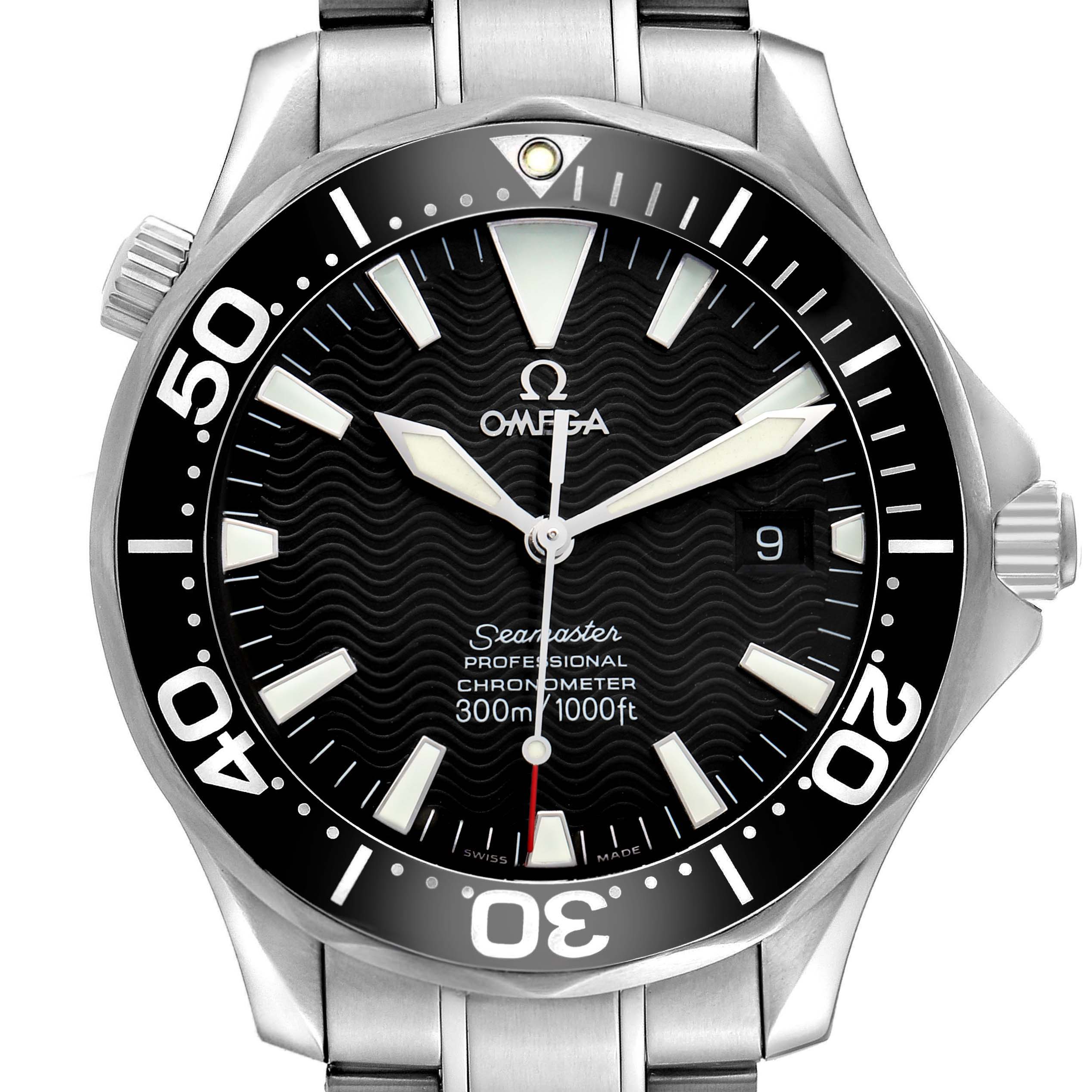 The Omega Seamaster 2254.50.00 Men's Stainless Steel Black Dial watch is shown from a front angle, displaying the dial, bezel, hands, markers, and part of the bracelet.