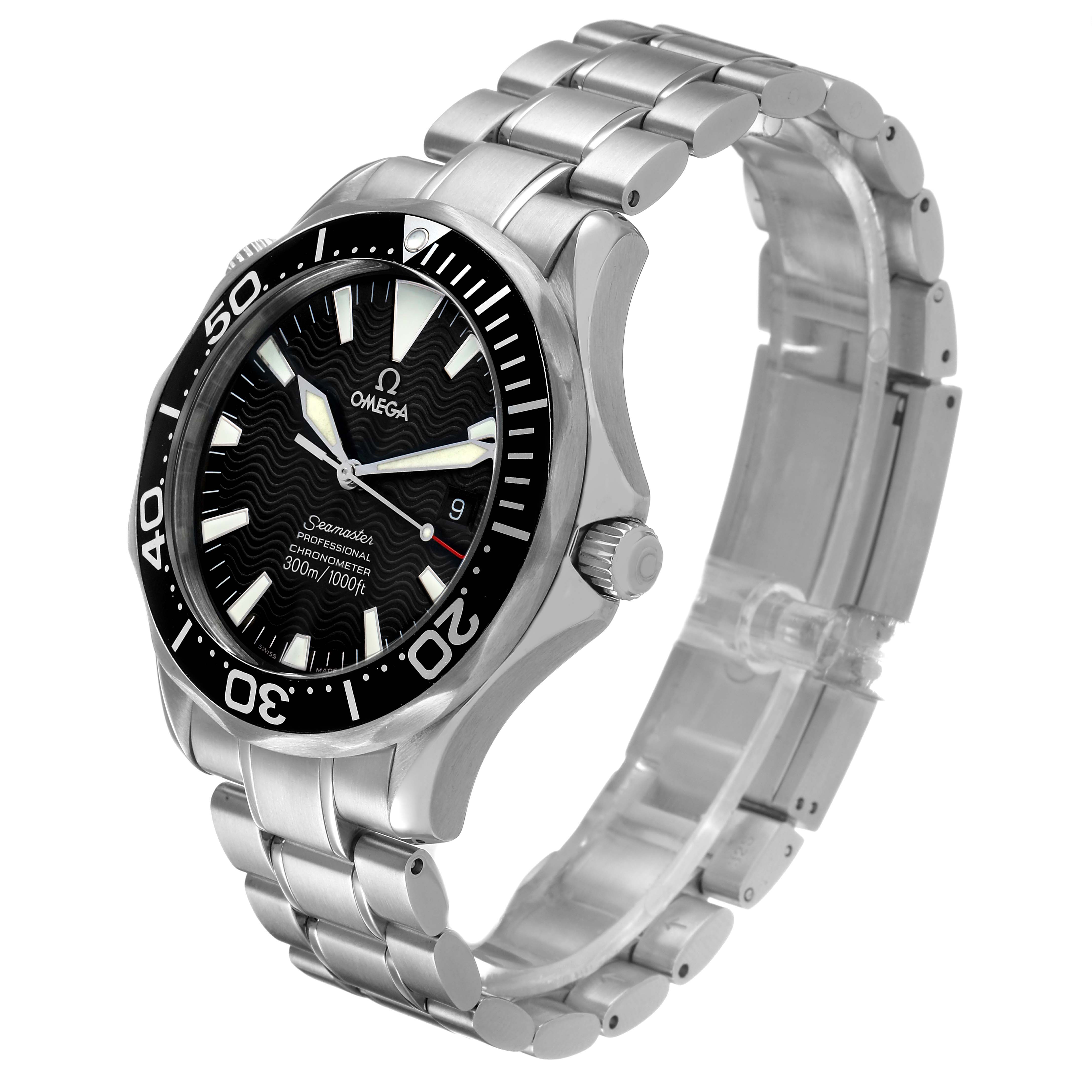 The Omega Seamaster 2254.50.00 Men's Stainless Steel Black Dial watch is shown at a three-quarter angle, displaying its face, bezel, crown, and stainless steel bracelet.