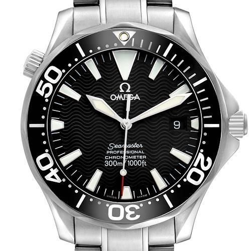 The Omega Seamaster 2254.50.00 Men's Stainless Steel Black Dial watch is shown from a top-down angle, displaying the dial, bezel, hour markers, and part of the bracelet.