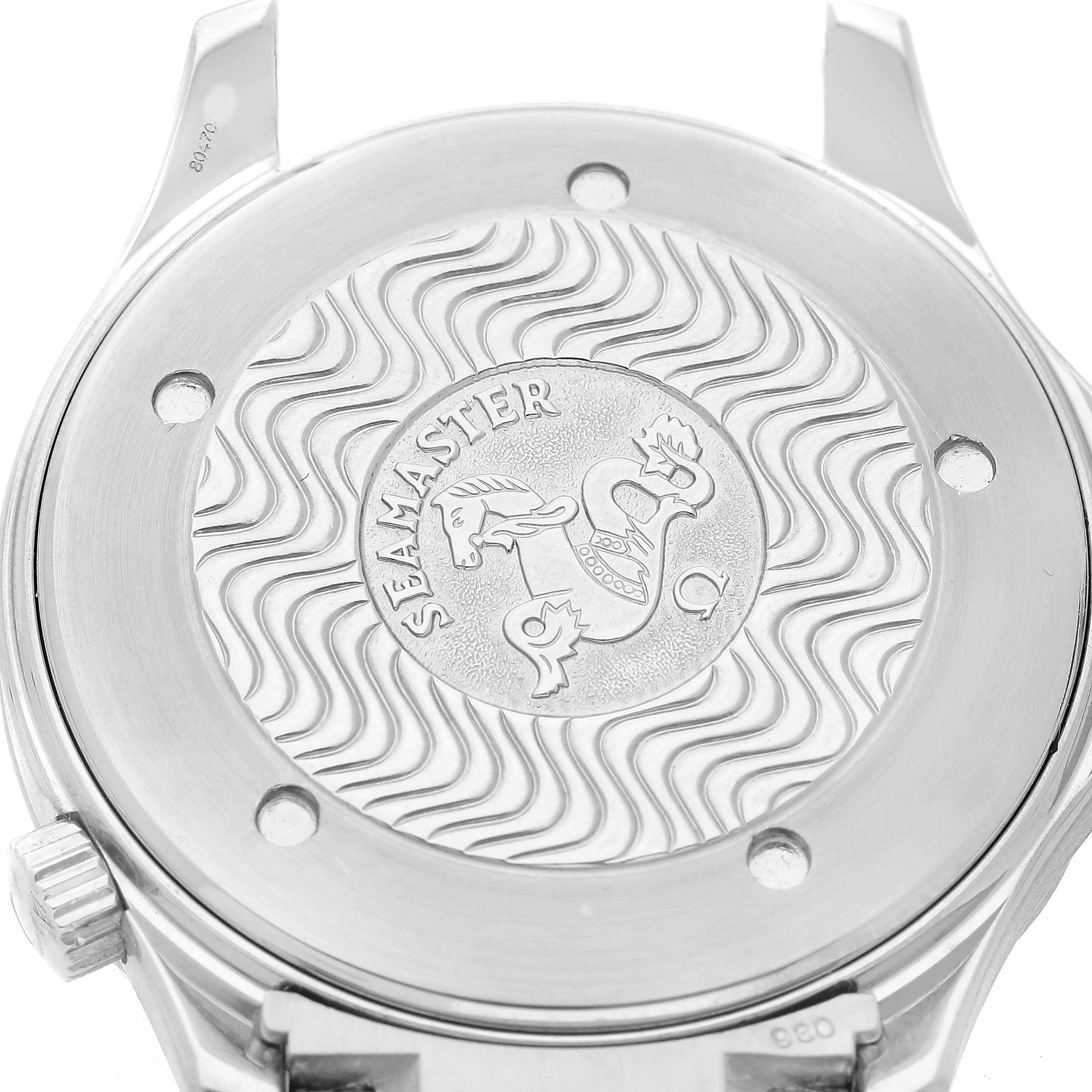 The image shows the back case of an Omega Seamaster 2254.50.00 Men's Stainless Steel Black Dial watch featuring the engraved Seamaster logo.