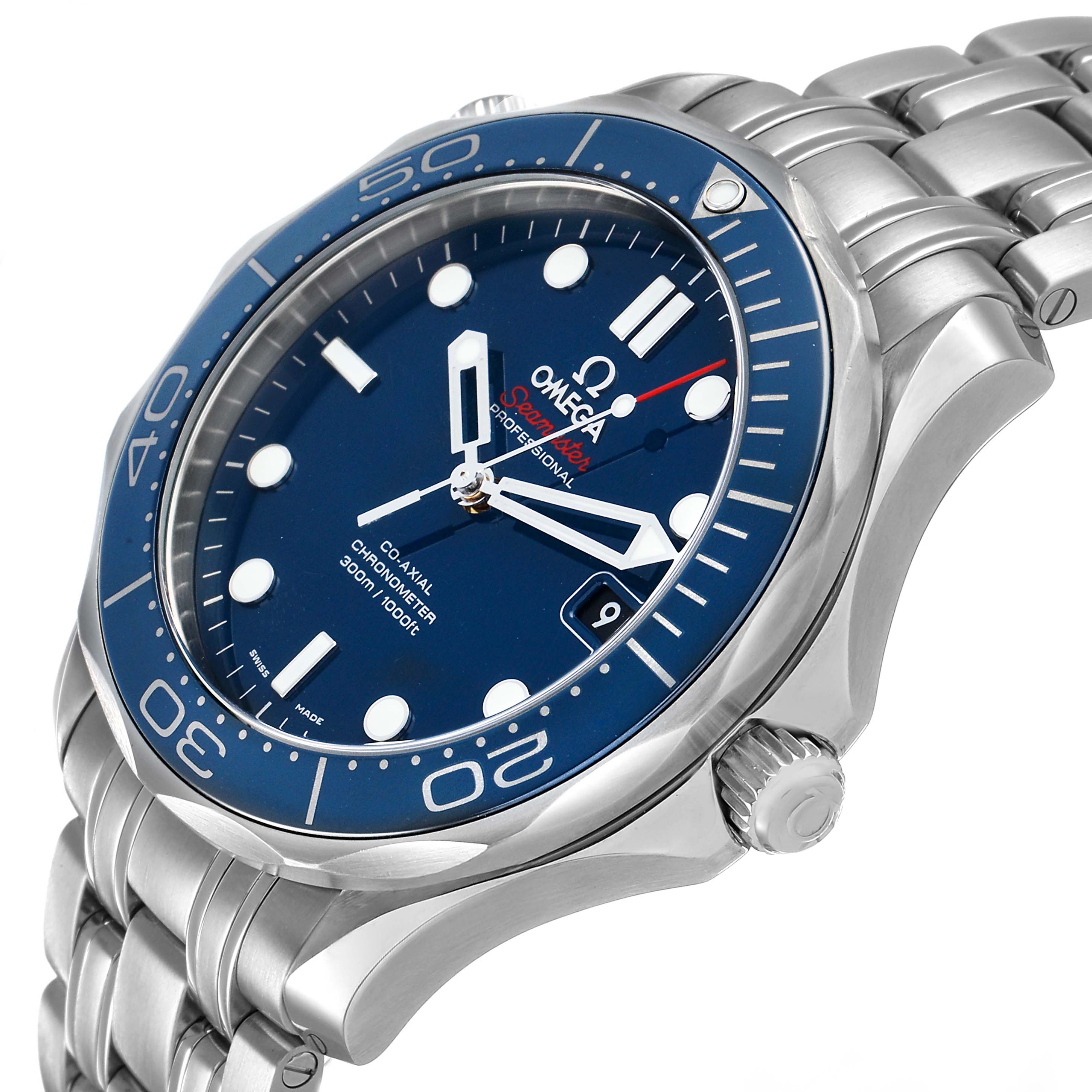 The Omega Seamaster 212.30.41.20.03.001 Men's Stainless Steel Blue Dial watch is shown at a slight angle, highlighting the blue dial, bezel, crown, and metal bracelet.