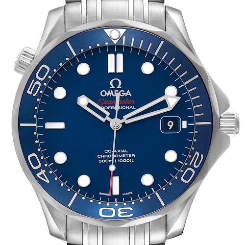 The Omega Seamaster 212.30.41.20.03.001 Men's Stainless Steel Blue Dial watch is shown from the front, highlighting its bezel, dial, hands, indices, and crown.