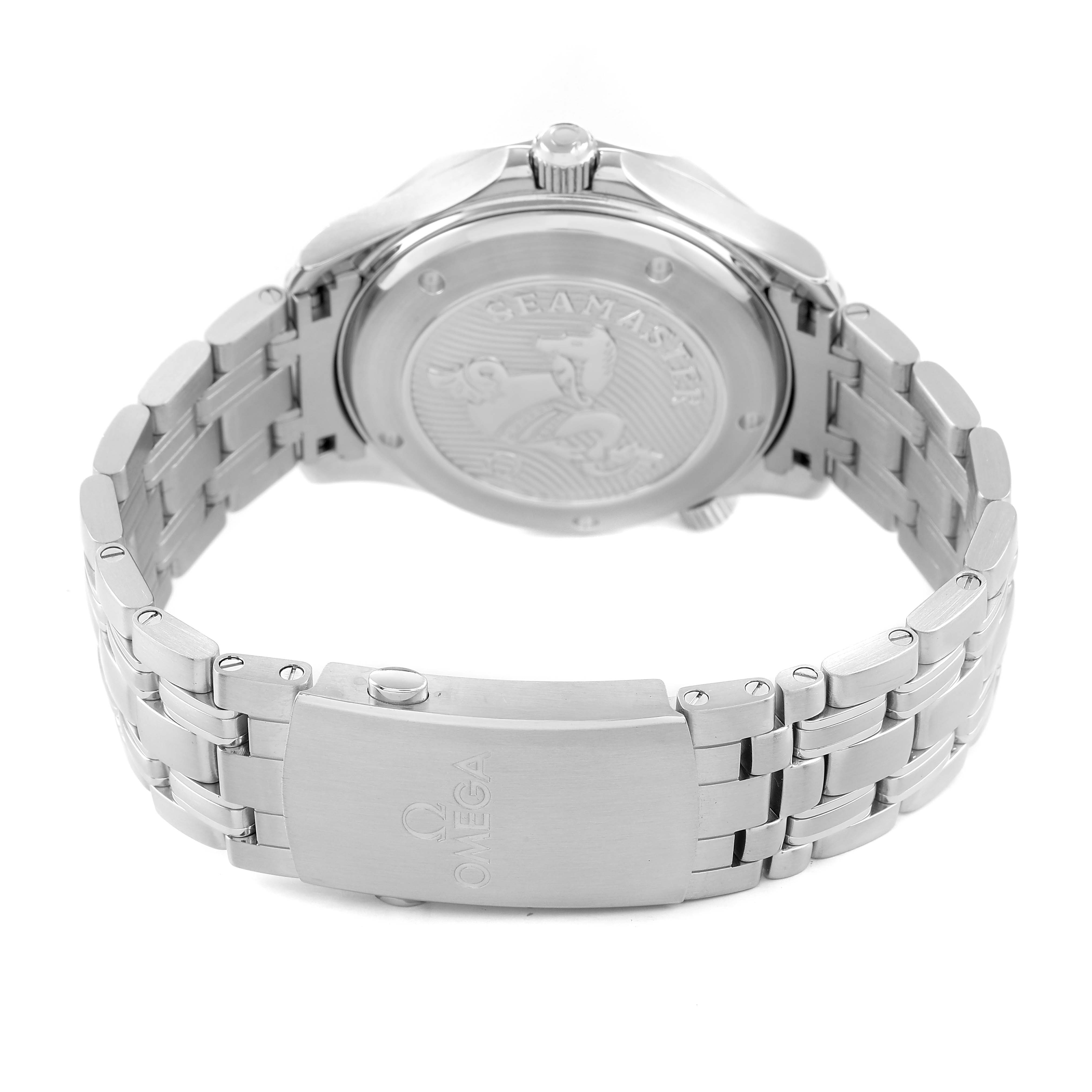 The image shows the back case and bracelet of the Omega Seamaster 212.30.41.20.03.001 Men's Stainless Steel Blue Dial, highlighting the engraved case back and clasp.