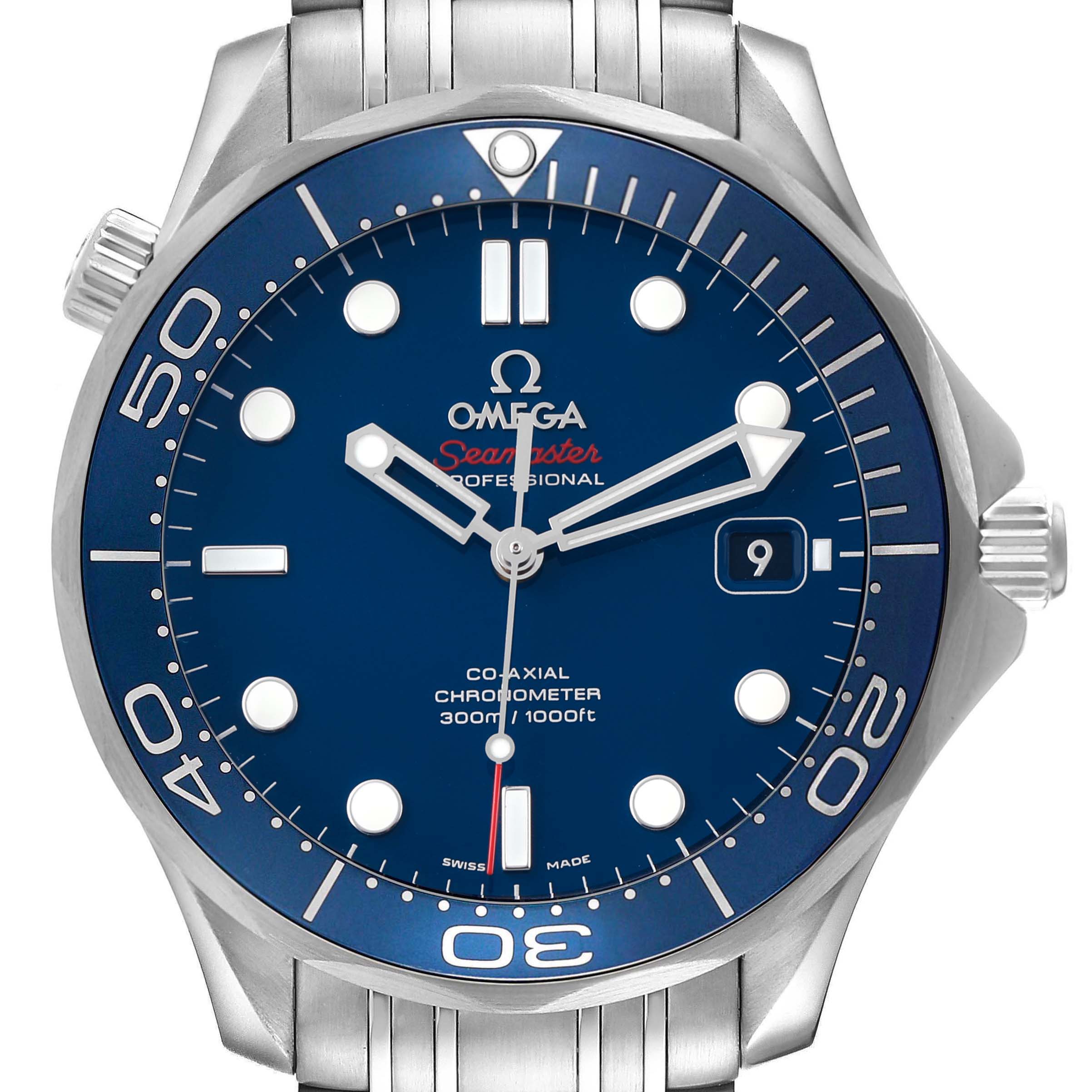The Omega Seamaster 212.30.41.20.03.001 Men's Stainless Steel Blue Dial watch is shown from a top-down angle, highlighting its face, bezel, and part of the bracelet.