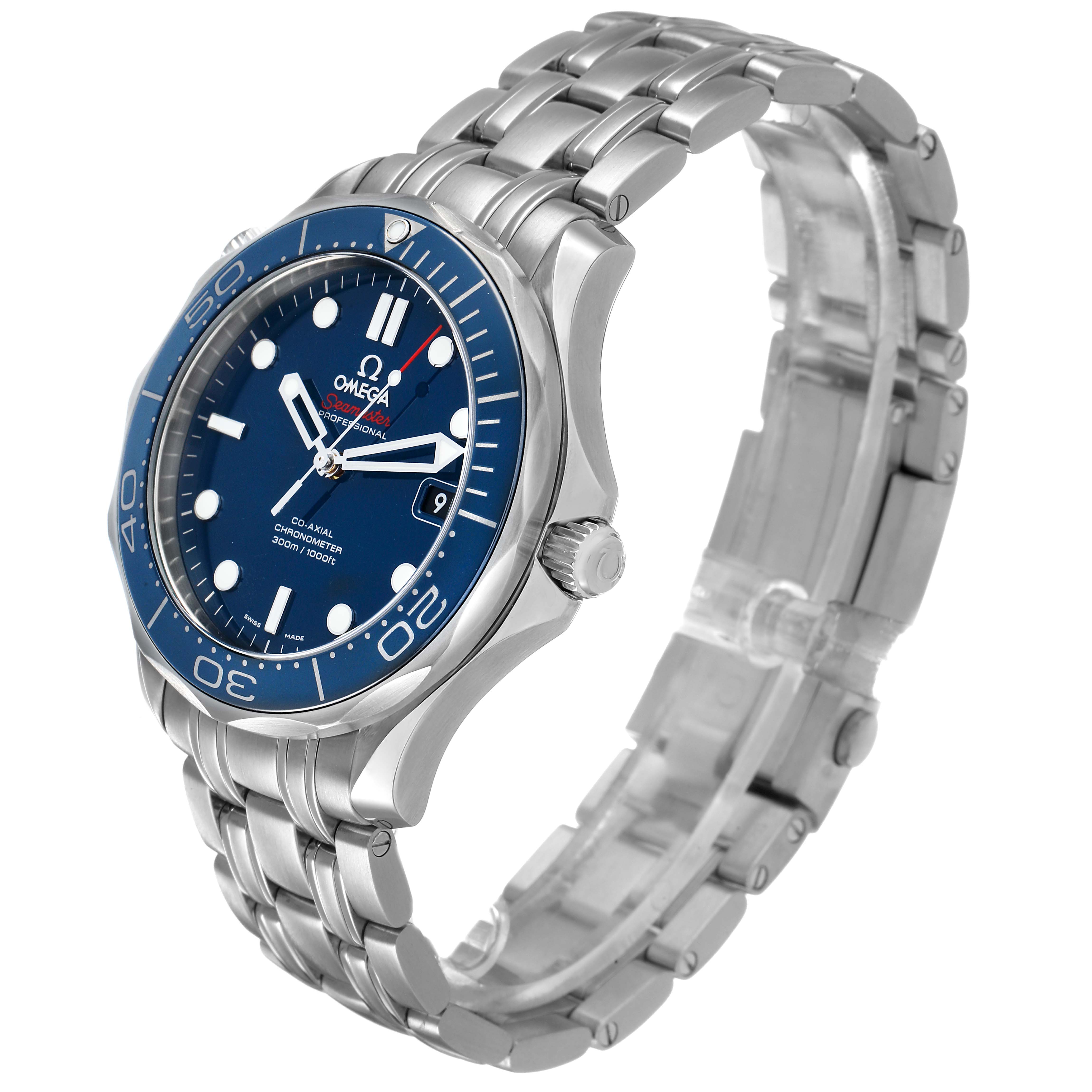The Omega Seamaster 212.30.41.20.03.001 Men's Stainless Steel Blue Dial watch is shown at a three-quarter angle, displaying its bracelet, blue dial, and bezel.