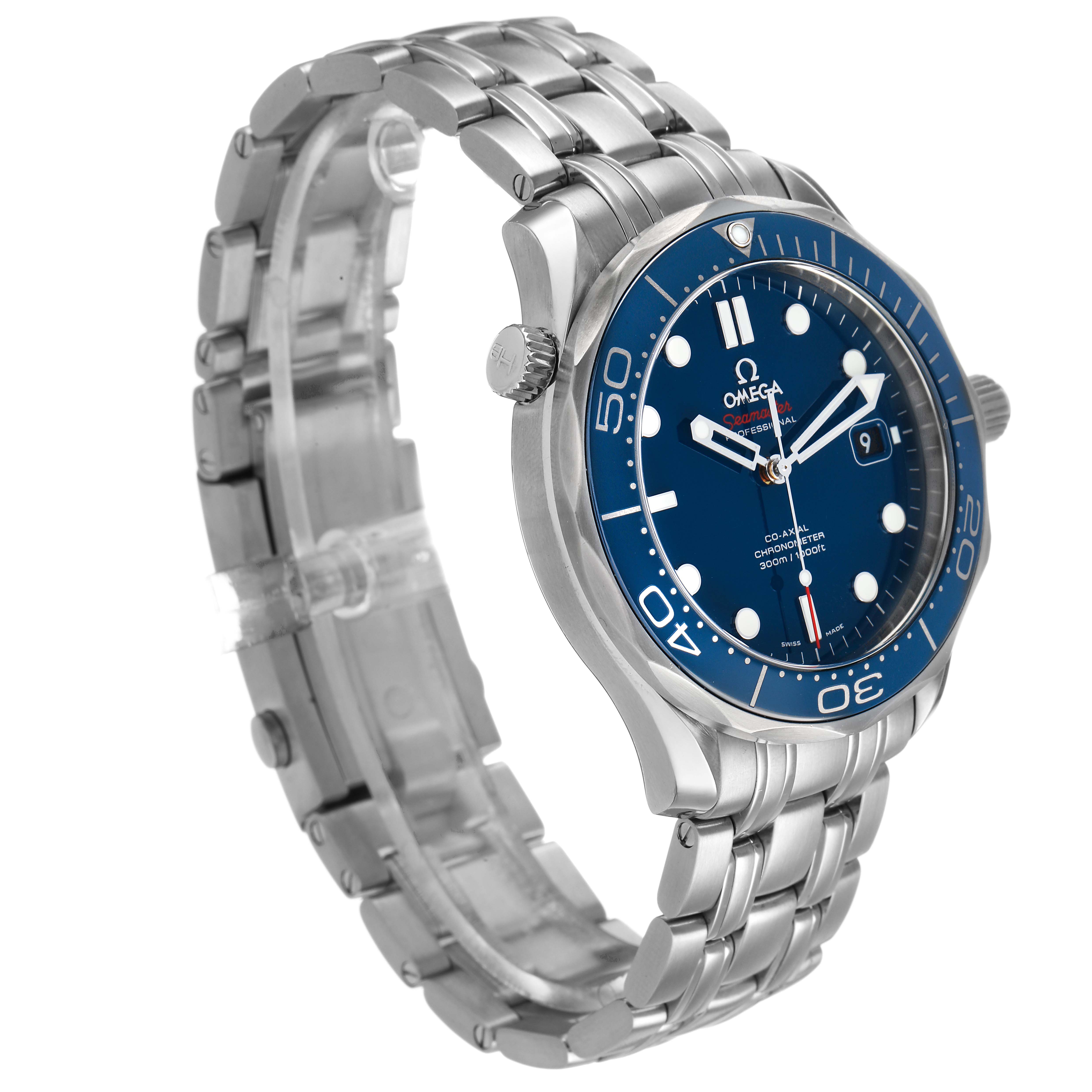 The Omega Seamaster 212.30.41.20.03.001 Men's Stainless Steel Blue Dial watch is shown at a three-quarter angle, displaying the face, bezel, and metal bracelet.