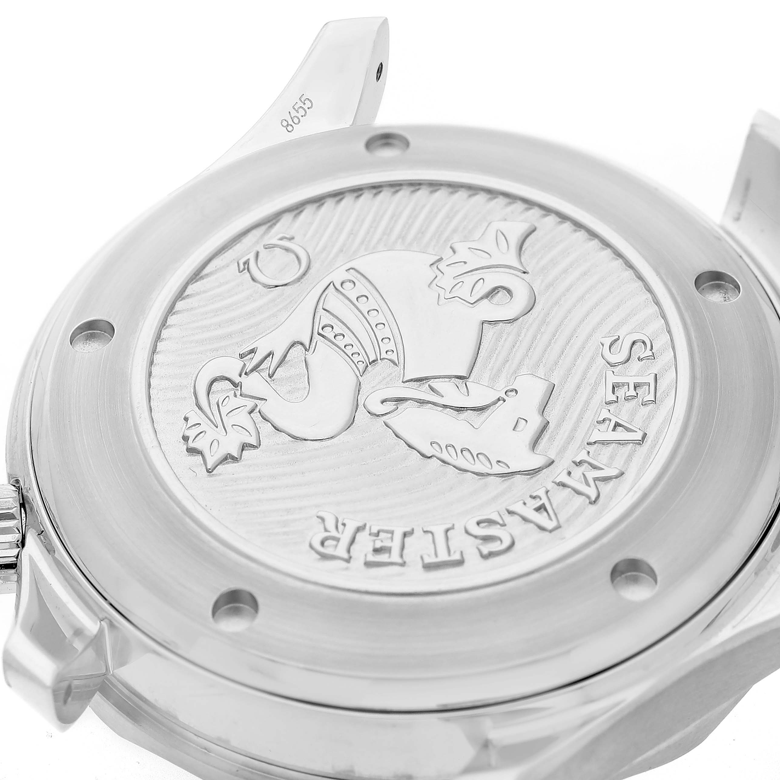 The Omega Seamaster 212.30.41.20.03.001 Men's Stainless Steel Blue Dial watch is shown from the back, highlighting the engraved case back with a wave pattern.