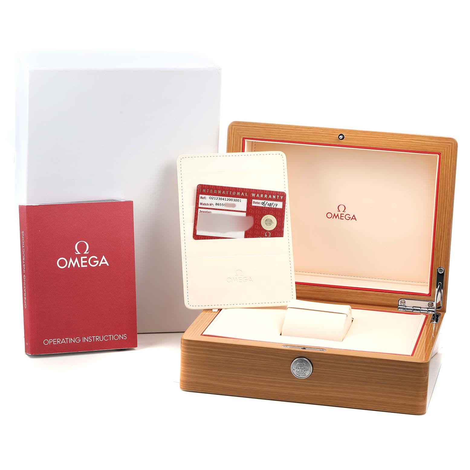 The Omega Seamaster 212.30.41.20.03.001 Men's Stainless Steel Blue Dial accessories shown include the box, warranty card holder, and operating instructions, viewed from the front.