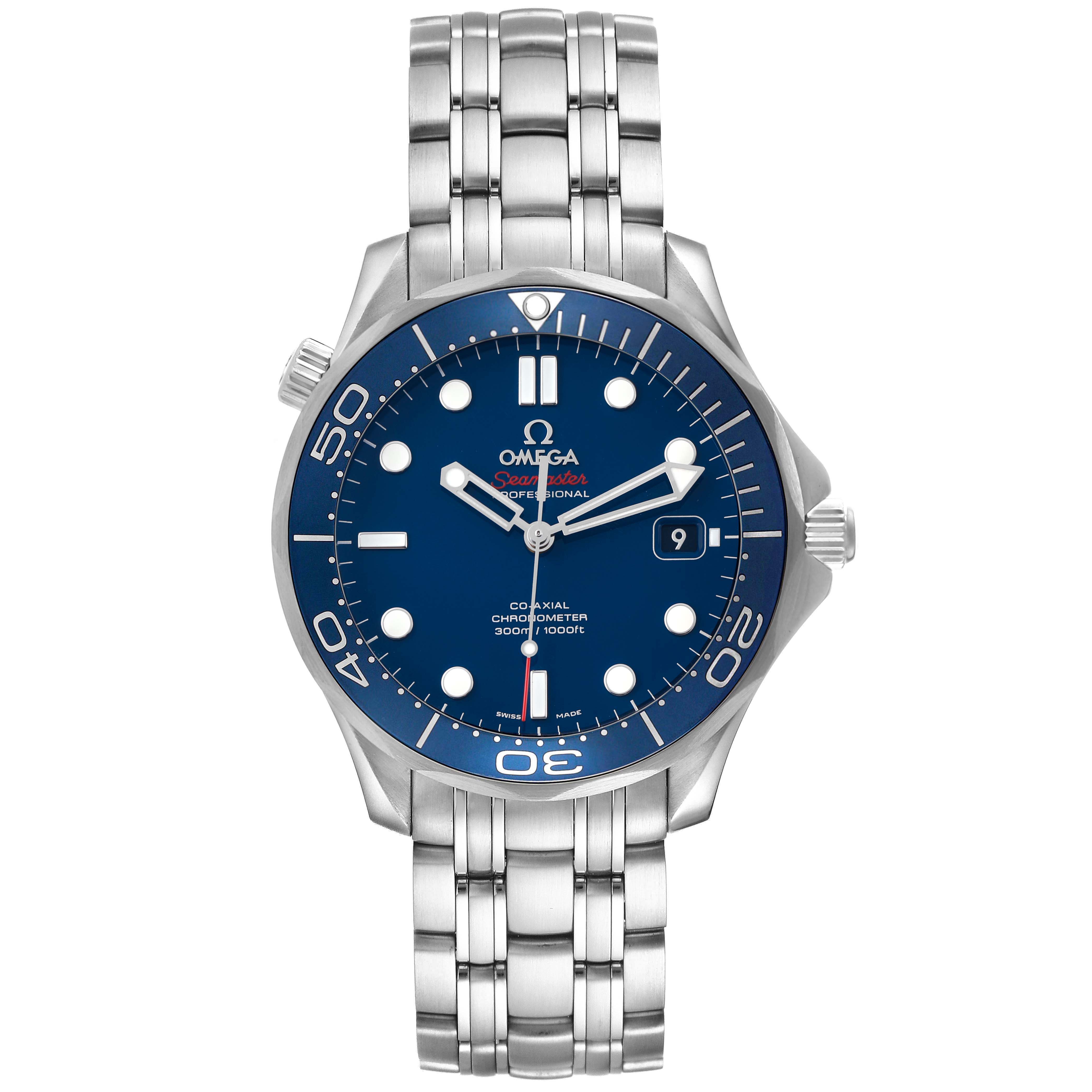 The Omega Seamaster 212.30.41.20.03.001 Men's Stainless Steel Blue Dial watch is shown from a front angle, highlighting the blue dial, bezel, and metal bracelet.