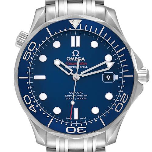 The Omega Seamaster 212.30.41.20.03.001 Men's Stainless Steel Blue Dial watch is shown from the front, highlighting the blue dial, bezel, hands, markers, and bracelet.