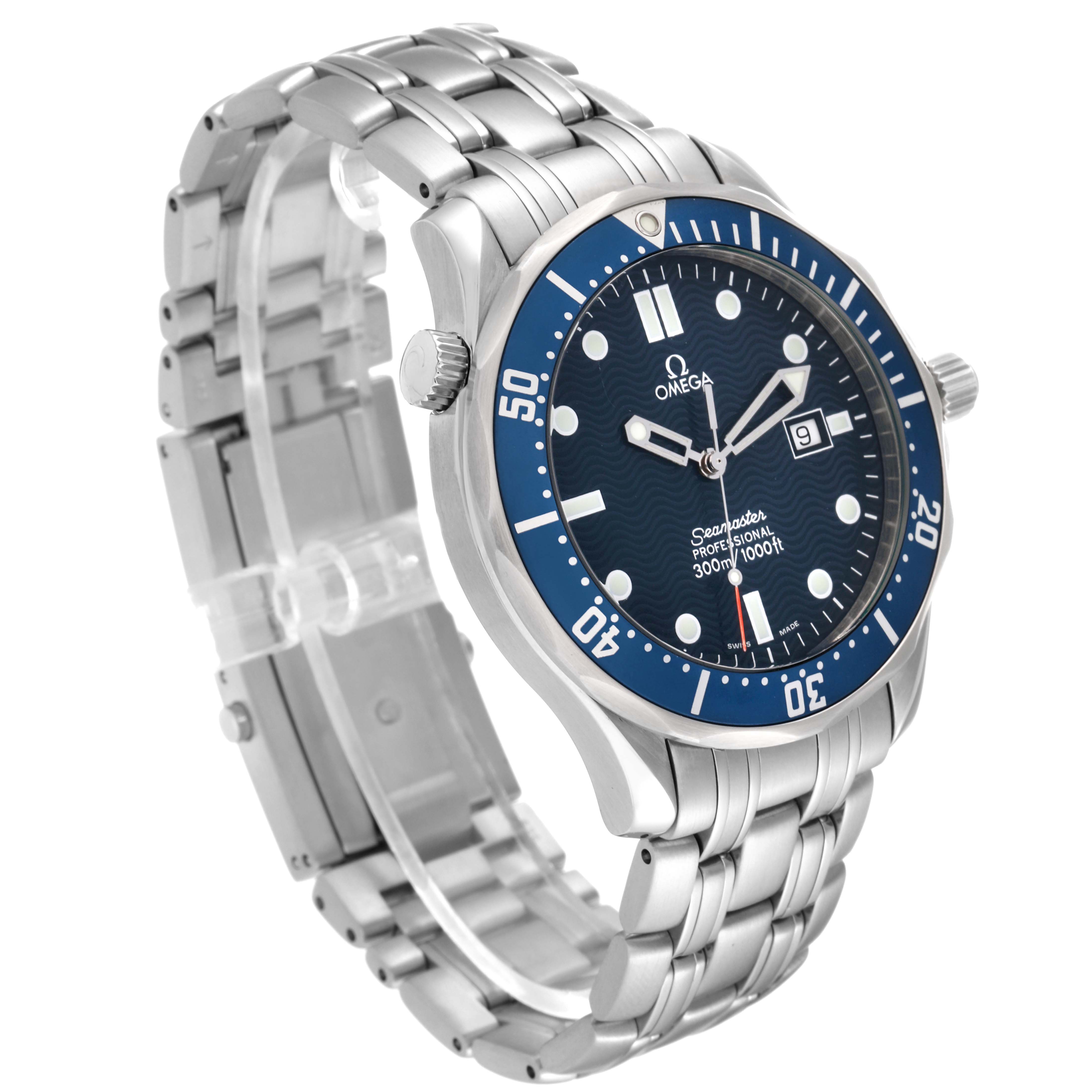 The image shows a side view of the Omega Seamaster 2541.80.00 Men
s Stainless Steel Blue Dial 2541.80.00 Men
s Stainless Steel Blue Dial watch, highlighting the bracelet, crown, bezel, and dial.