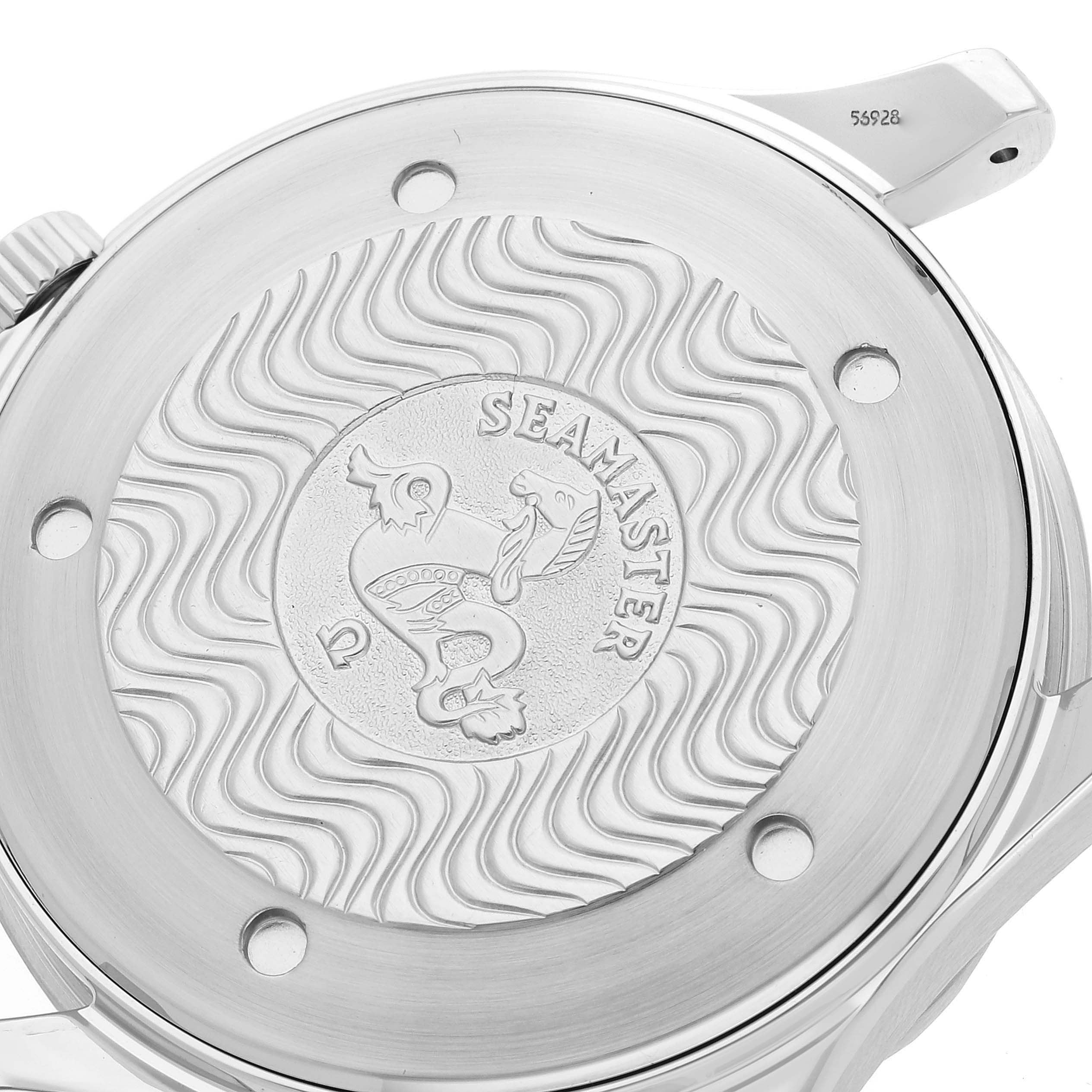 The image shows the back case of an Omega Seamaster 2541.80.00 Men
s Stainless Steel Blue Dial 2541.80.00 Men
s Stainless Steel Blue Dial watch with its emblem and wave pattern engraving.