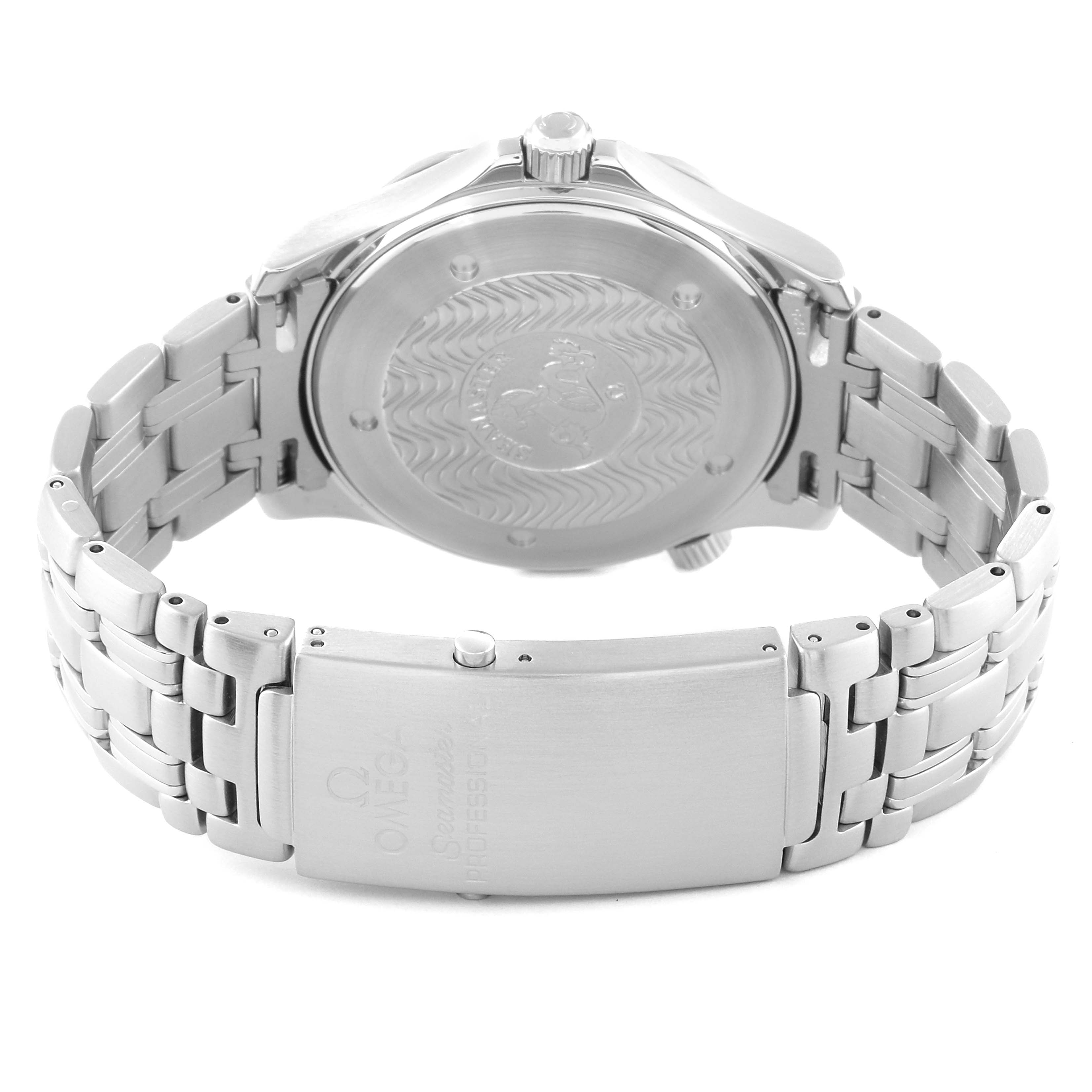 The image shows the back case and clasp of an Omega Seamaster 2541.80.00 Men
s Stainless Steel Blue Dial 2541.80.00 Men
s Stainless Steel Blue Dial watch from a rear angle.