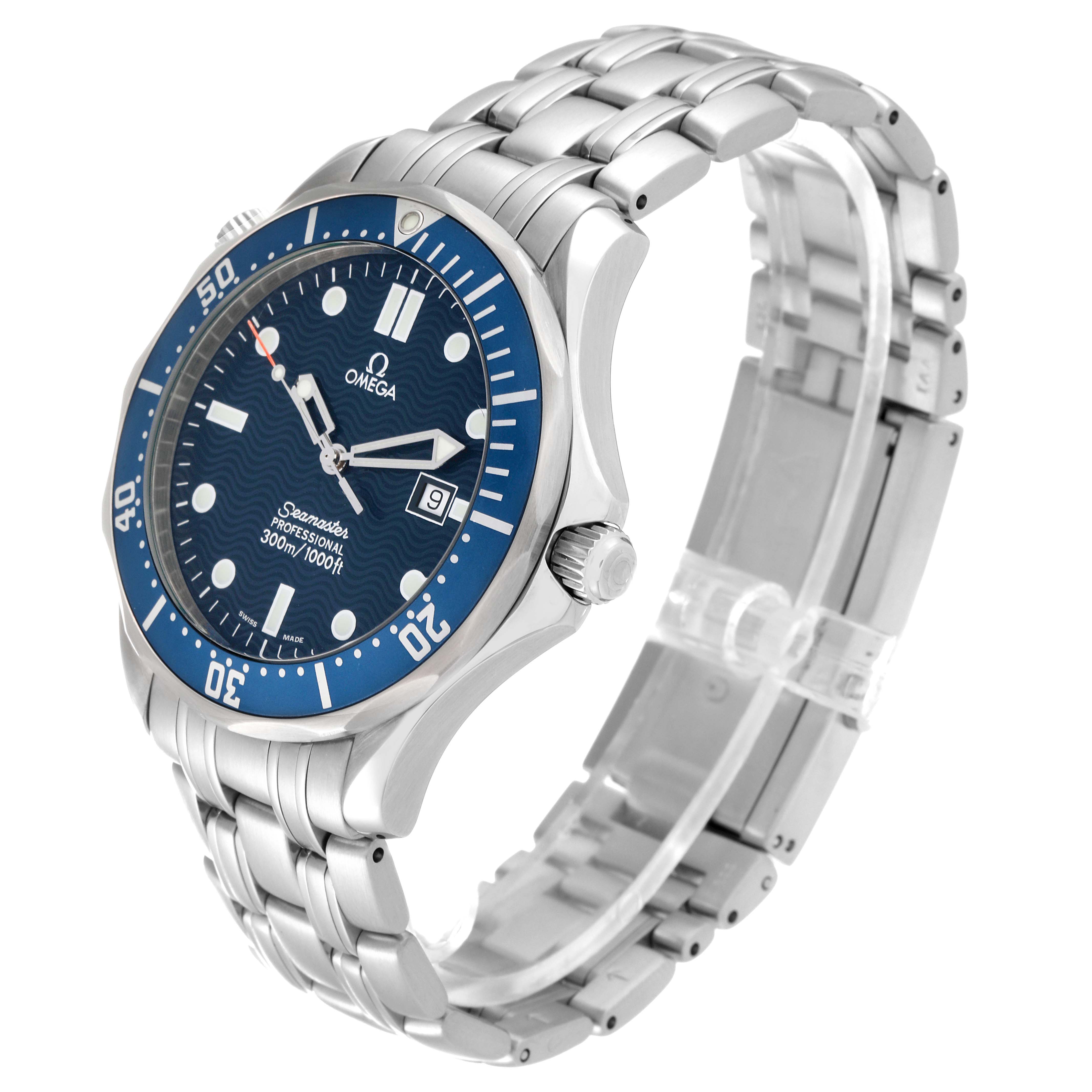 The Omega Seamaster 2541.80.00 Men
s Stainless Steel Blue Dial 2541.80.00 Men
s Stainless Steel Blue Dial watch is shown at a three-quarter angle, highlighting the face, bezel, crown, and metal bracelet.