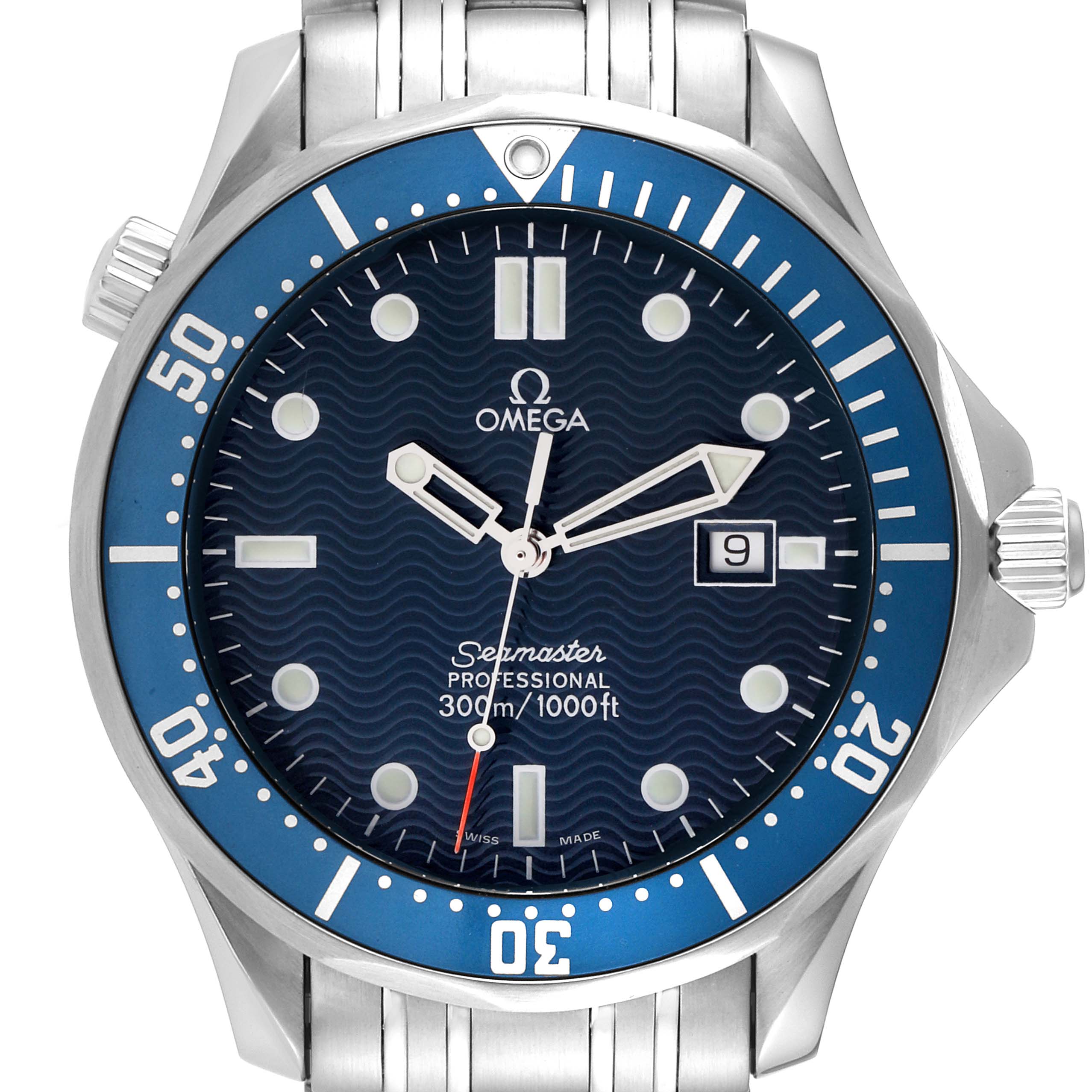 The image shows a front view of the Omega Seamaster 2541.80.00 Men
s Stainless Steel Blue Dial 2541.80.00 Men
s Stainless Steel Blue Dial watch, highlighting its blue dial, bezel, and metal bracelet.