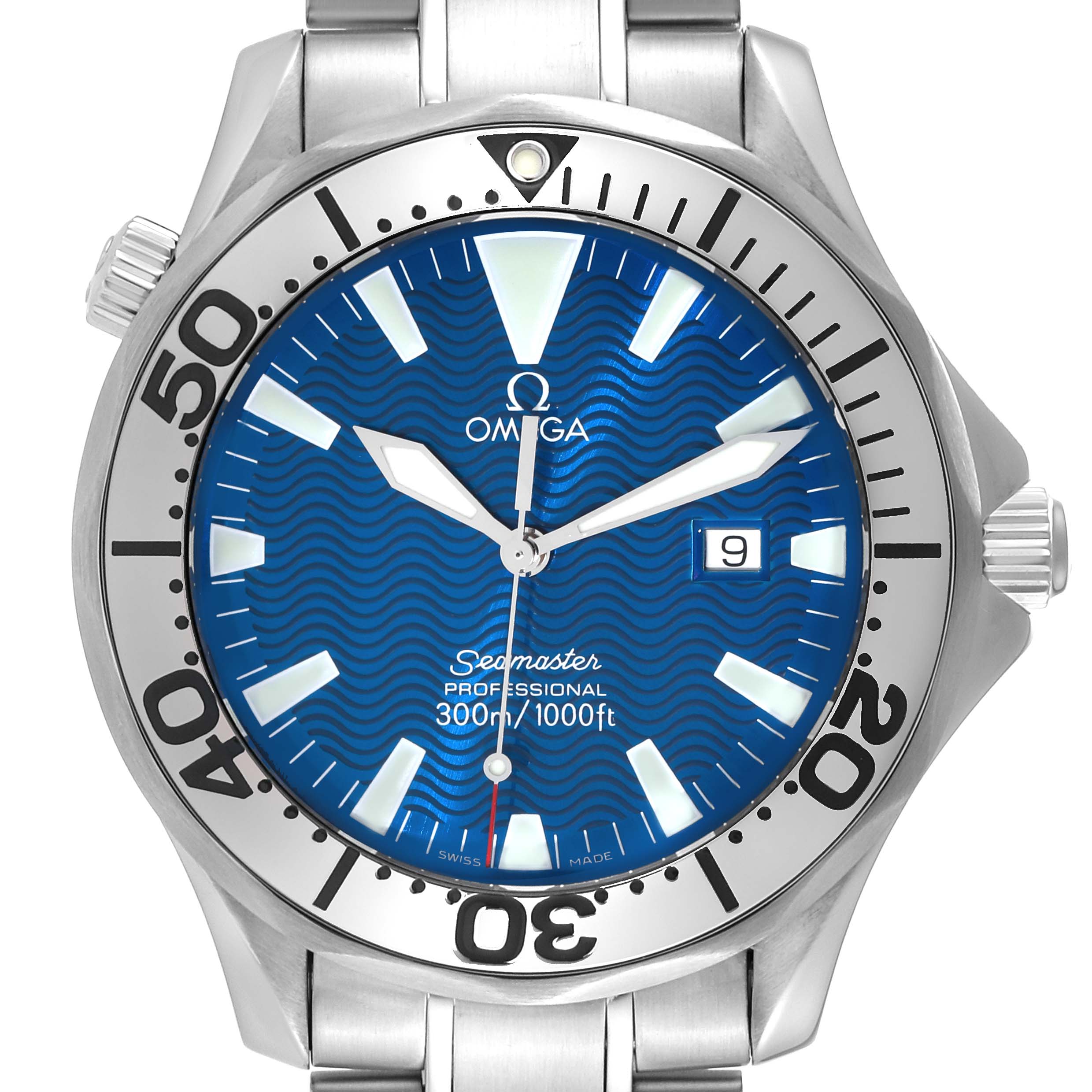The image shows a front view of an Omega Seamaster 2265.80.00 Men
s Stainless Steel Blue Dial 2265.80.00 Men
s Stainless Steel Blue Dial watch, highlighting its blue dial, date window, wave pattern, and stainless steel case and strap.