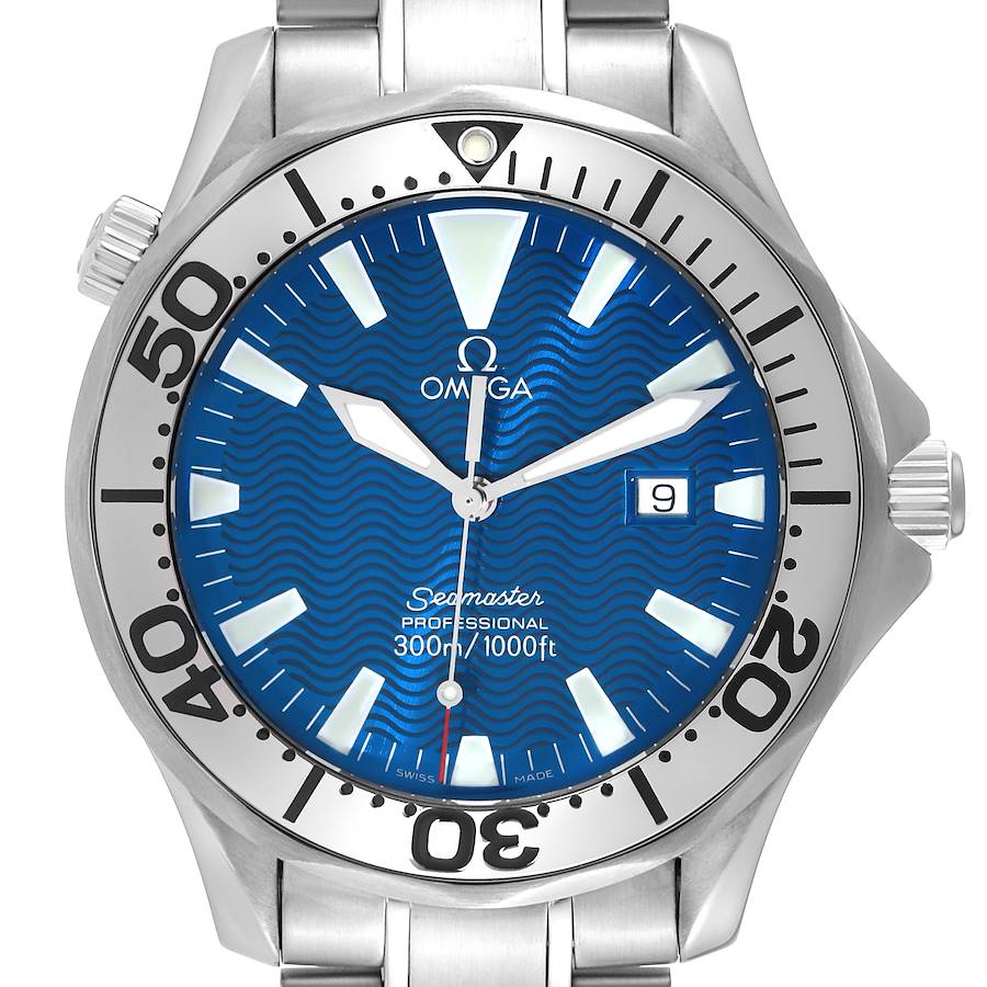 Omega Seamaster Electric Blue Wave Dial Steel Mens Watch 2265.80.00 SwissWatchExpo