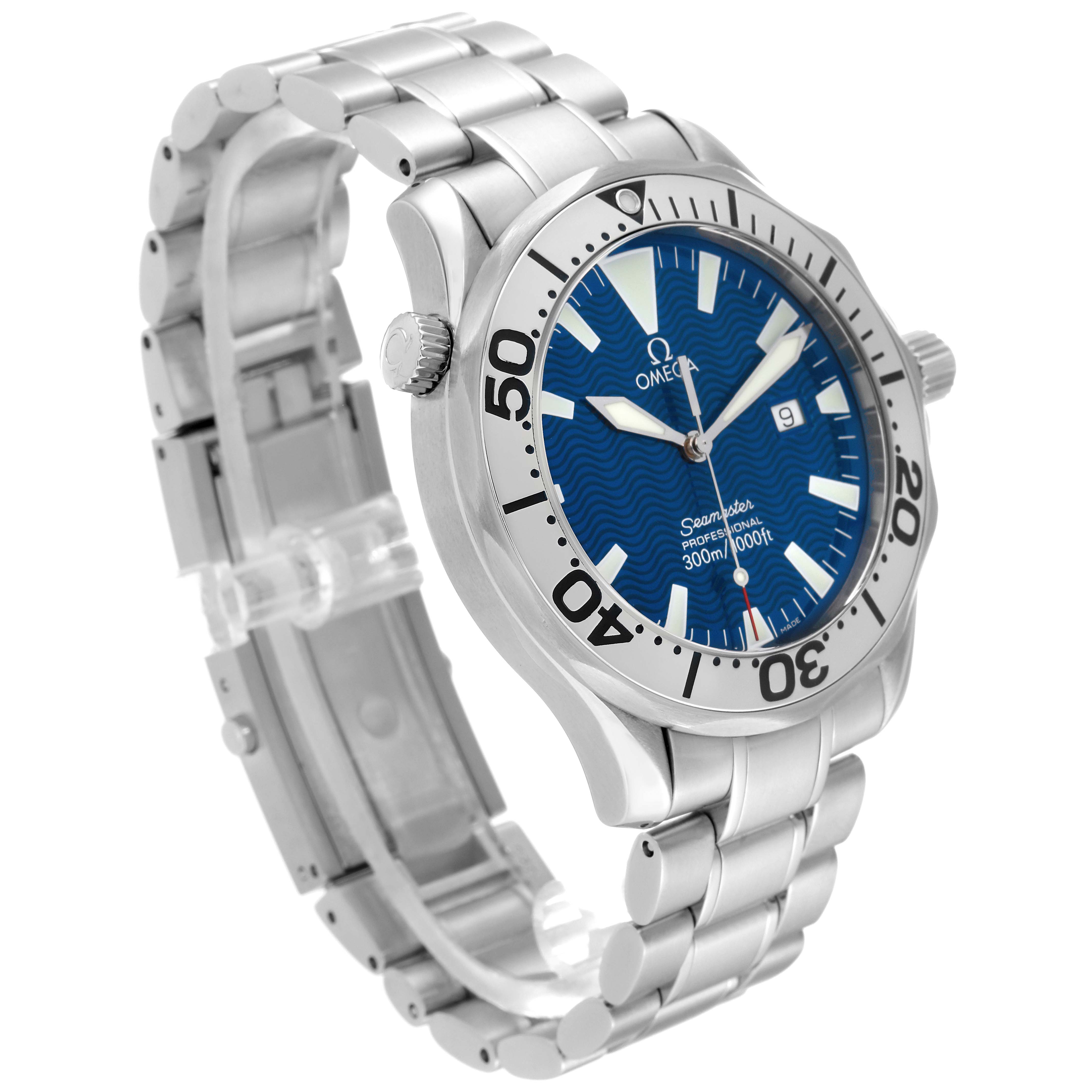 This image shows the Omega Seamaster 2265.80.00 Men
s Stainless Steel Blue Dial 2265.80.00 Men
s Stainless Steel Blue Dial watch from a three-quarter angle, highlighting its blue dial, stainless steel band, and bezel.