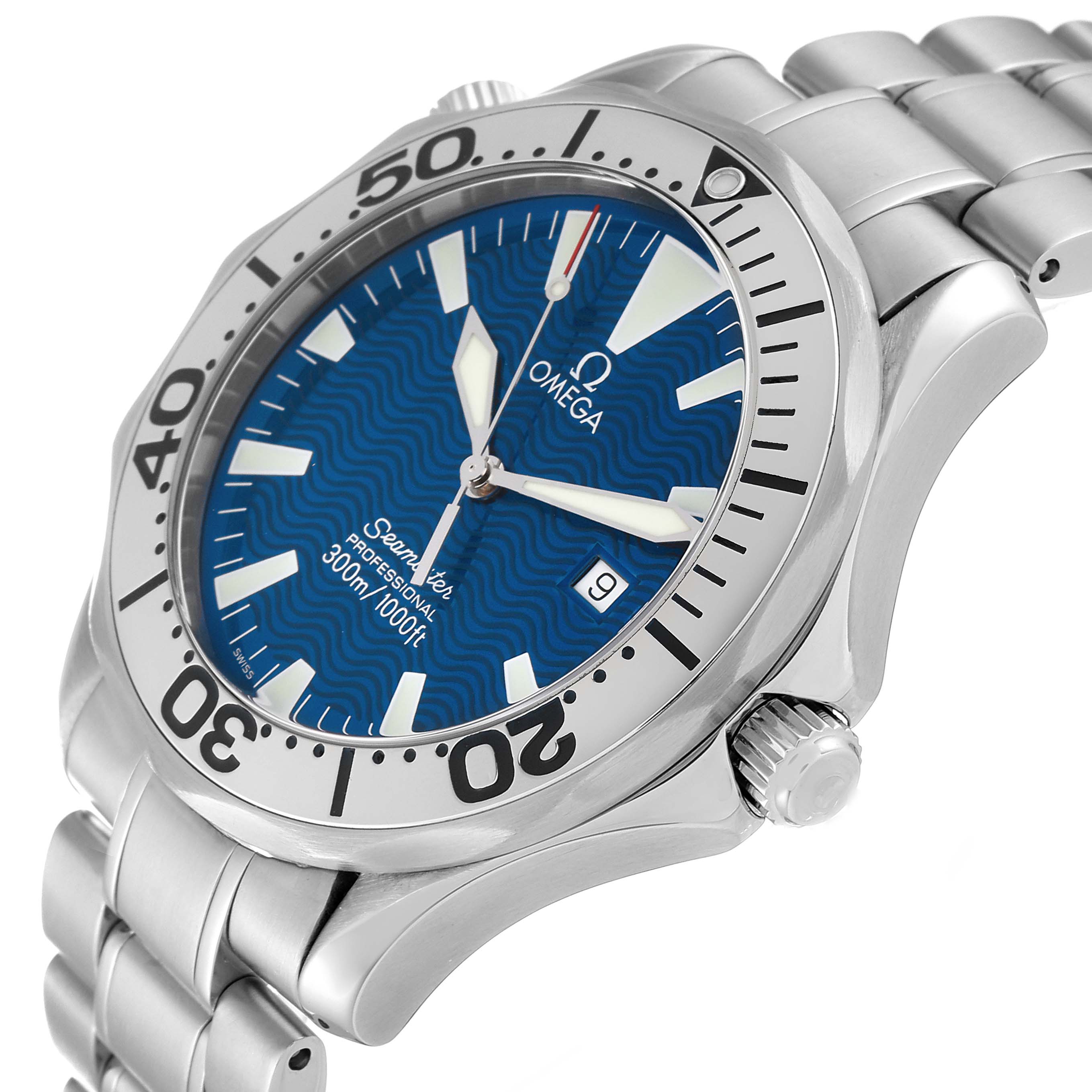 The image shows an Omega Seamaster 2265.80.00 Men
s Stainless Steel Blue Dial 2265.80.00 Men
s Stainless Steel Blue Dial watch from an angled side view, highlighting the bezel, dial, crown, and part of the bracelet.