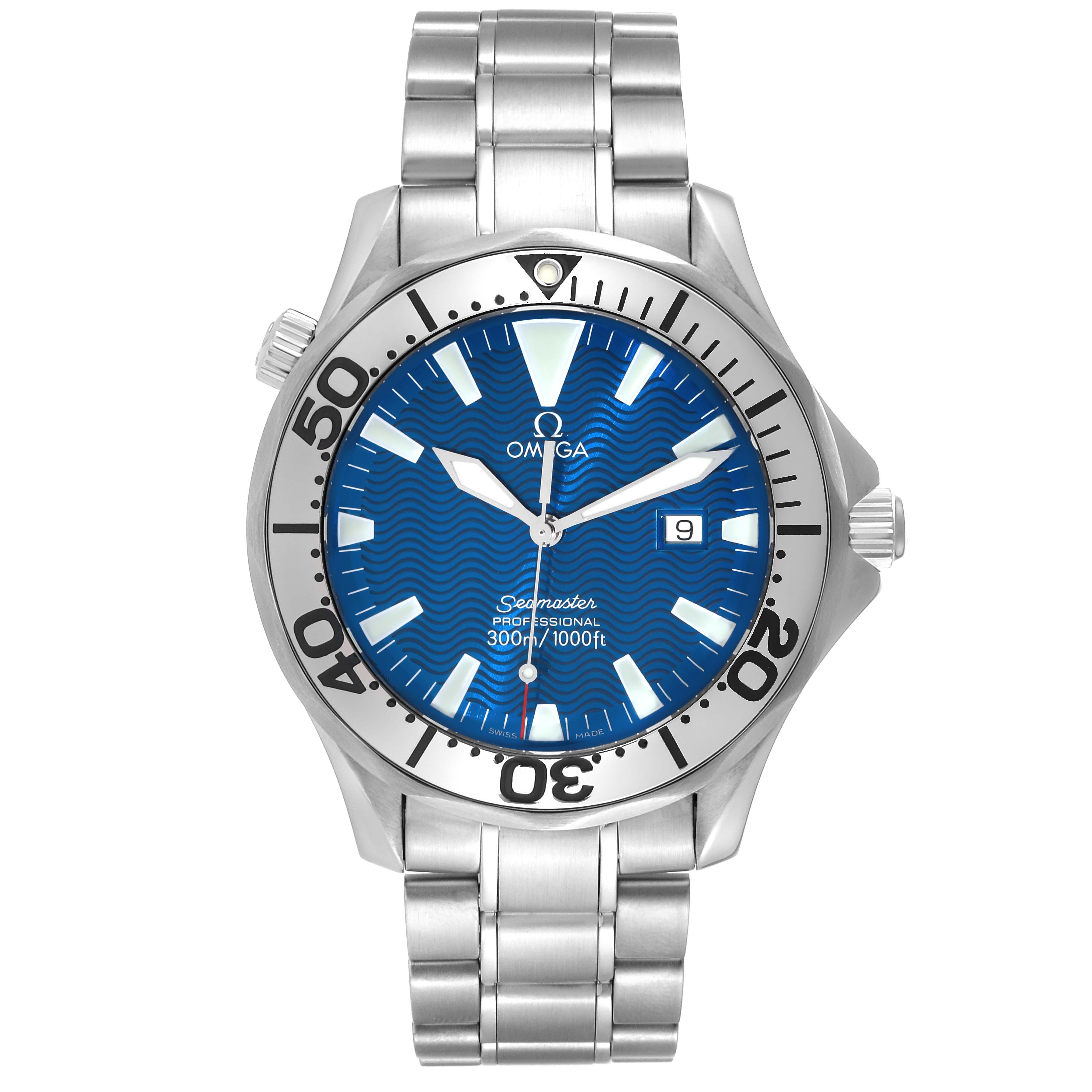 The image shows the front view of an Omega Seamaster 2265.80.00 Men
s Stainless Steel Blue Dial 2265.80.00 Men
s Stainless Steel Blue Dial watch featuring its dial, bracelet, and bezel.