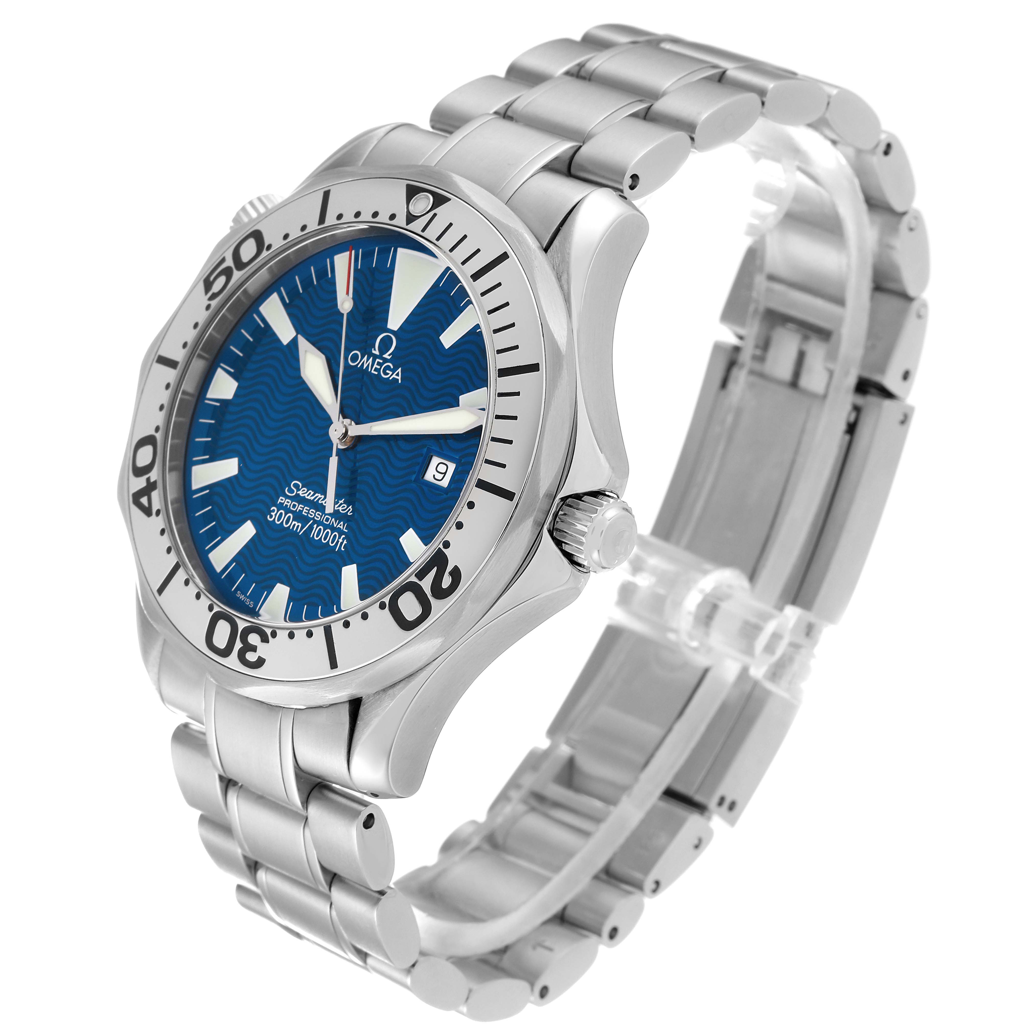 The Omega Seamaster 2265.80.00 Men
s Stainless Steel Blue Dial 2265.80.00 Men
s Stainless Steel Blue Dial watch is shown at a three-quarter angle, highlighting the face, bezel, crown, and stainless steel bracelet.