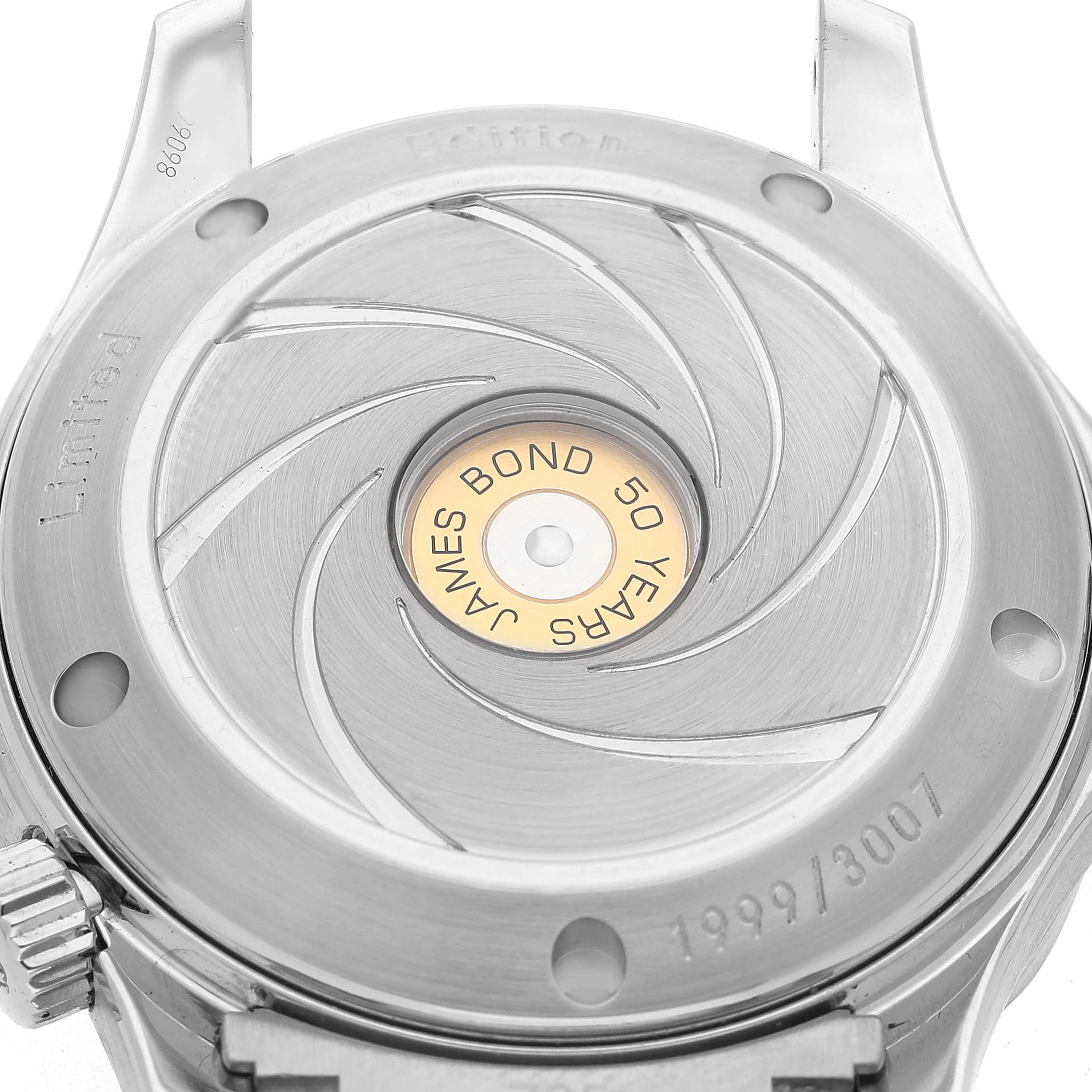 The image shows the back case of an Omega Seamaster 212.30.36.20.51.001 Men's Stainless Steel Black Dial, featuring a "James Bond 50 Years" engraving.