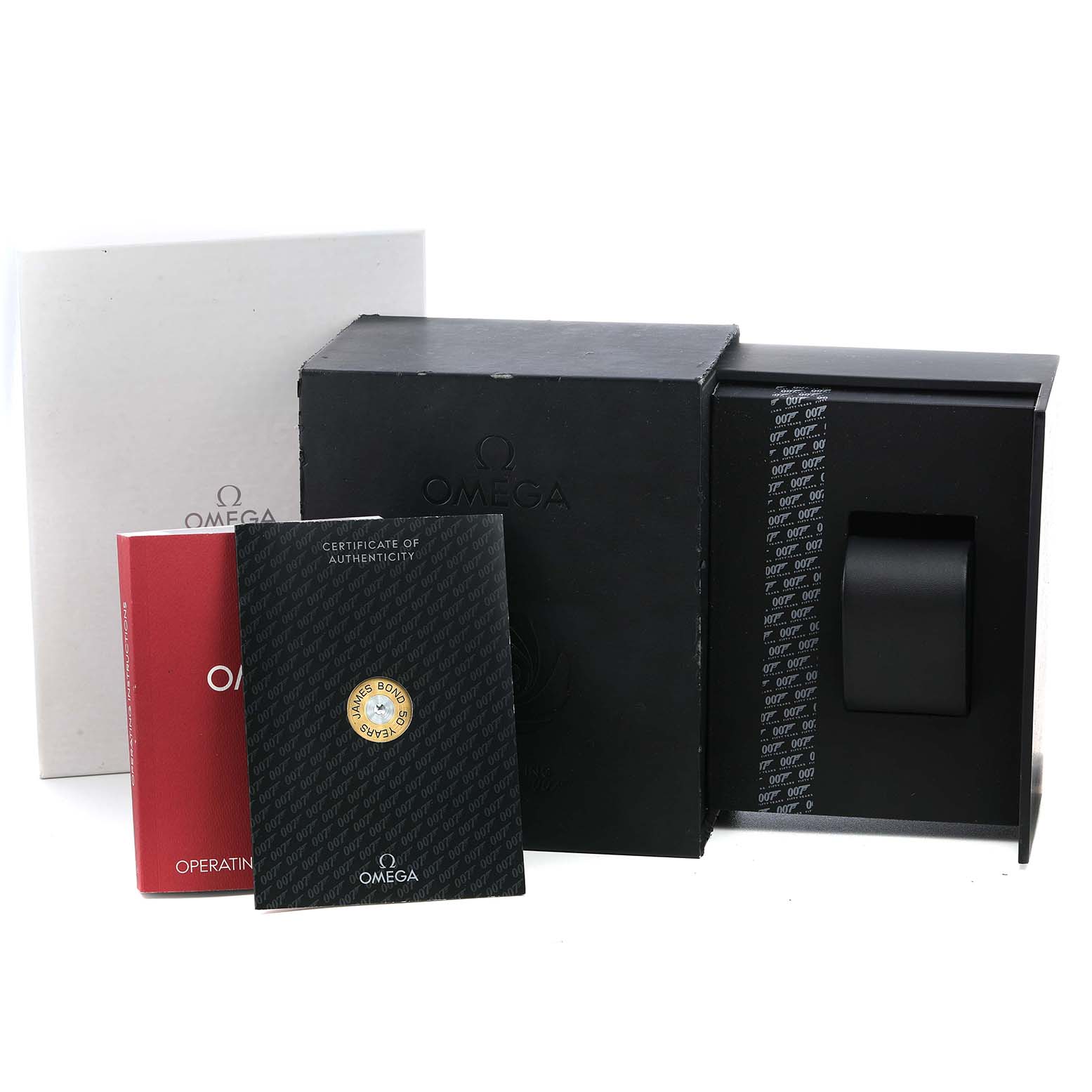 The image shows the packaging and accessories for an Omega Seamaster 212.30.36.20.51.001 Men's Stainless Steel Black Dial watch, including boxes and manuals, arranged at a side angle.