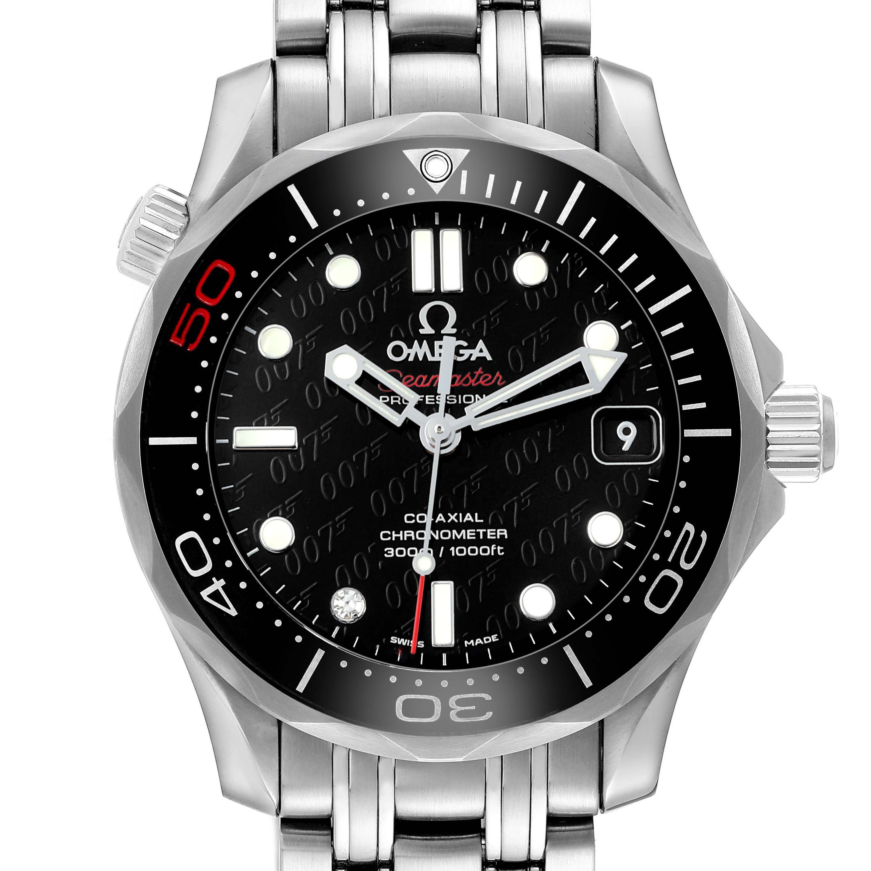 The Omega Seamaster 212.30.36.20.51.001 Men's Stainless Steel Black Dial watch is shown from the front, displaying the bezel, dial, crown, and bracelet.