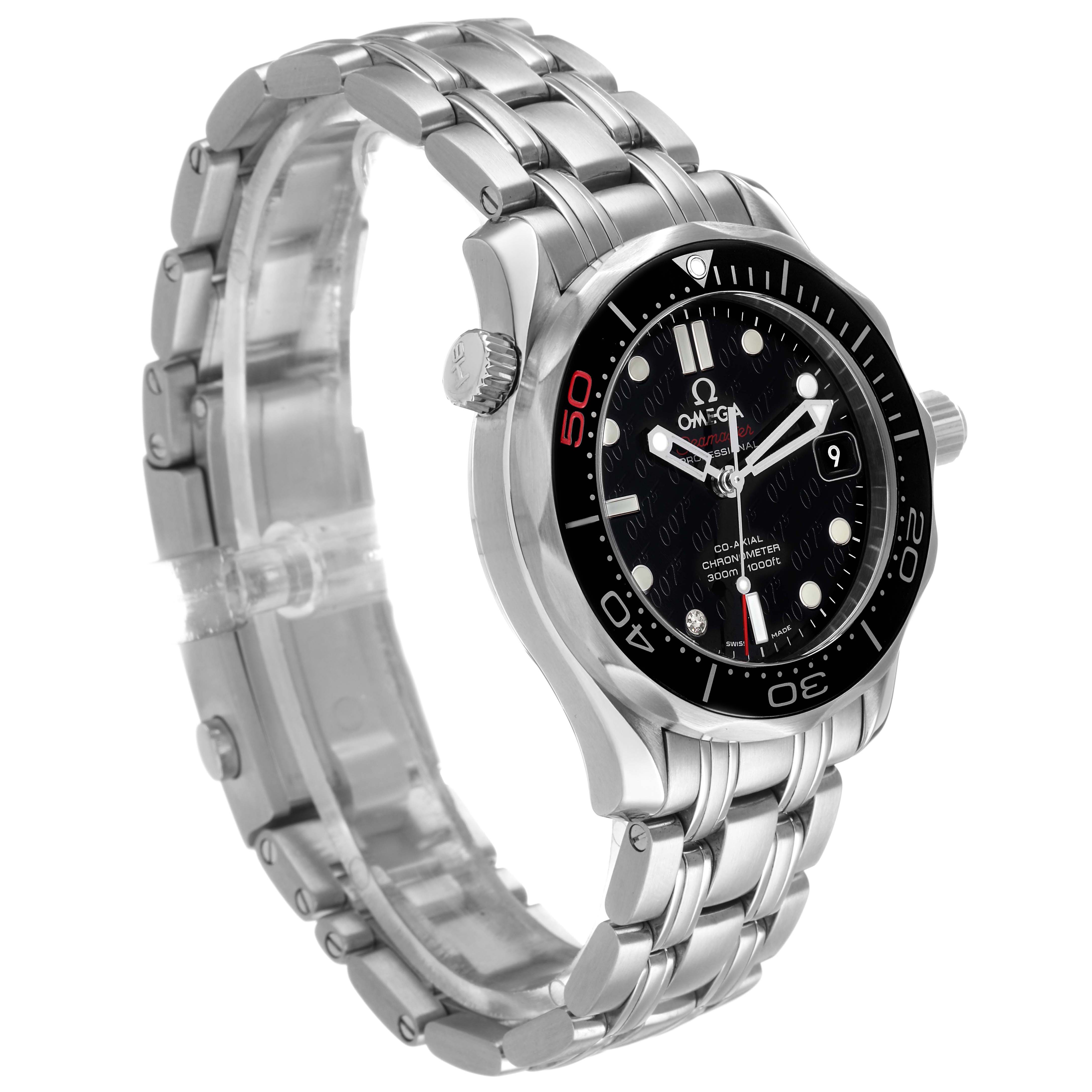 The Omega Seamaster 212.30.36.20.51.001 Men's Stainless Steel Black Dial watch is shown at a slight side angle, highlighting its stainless steel case, bracelet, bezel, and dial.